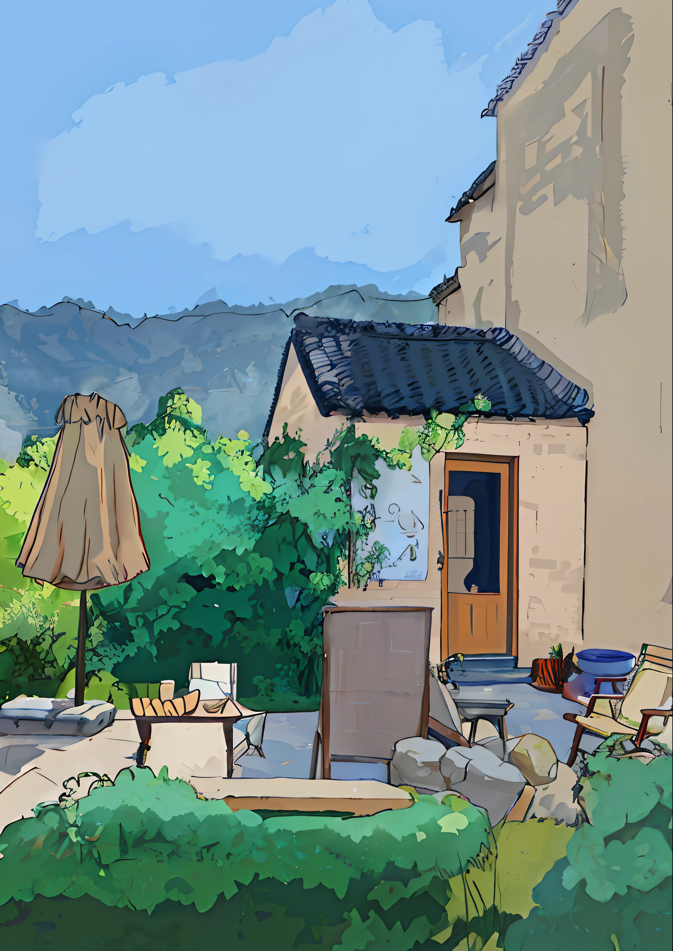 There is a drawing of a house with a terrace and a table, drawn in anime painter studio, In Studio Ghibli style, cel-shading style, A digital painting, In Studio Ghibli style, made with anime painter studio, Lourmarin, In Studio Ghibli style, studio ghibli artstyle, studio ghibli painterly style, in style of digital painting, Ghibli Studio Environment