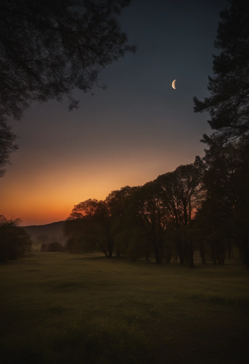 Sunset scene at night with stars in the sky and the moon, high image quality, high detail, high resolution, 4k, 8k, 16k
