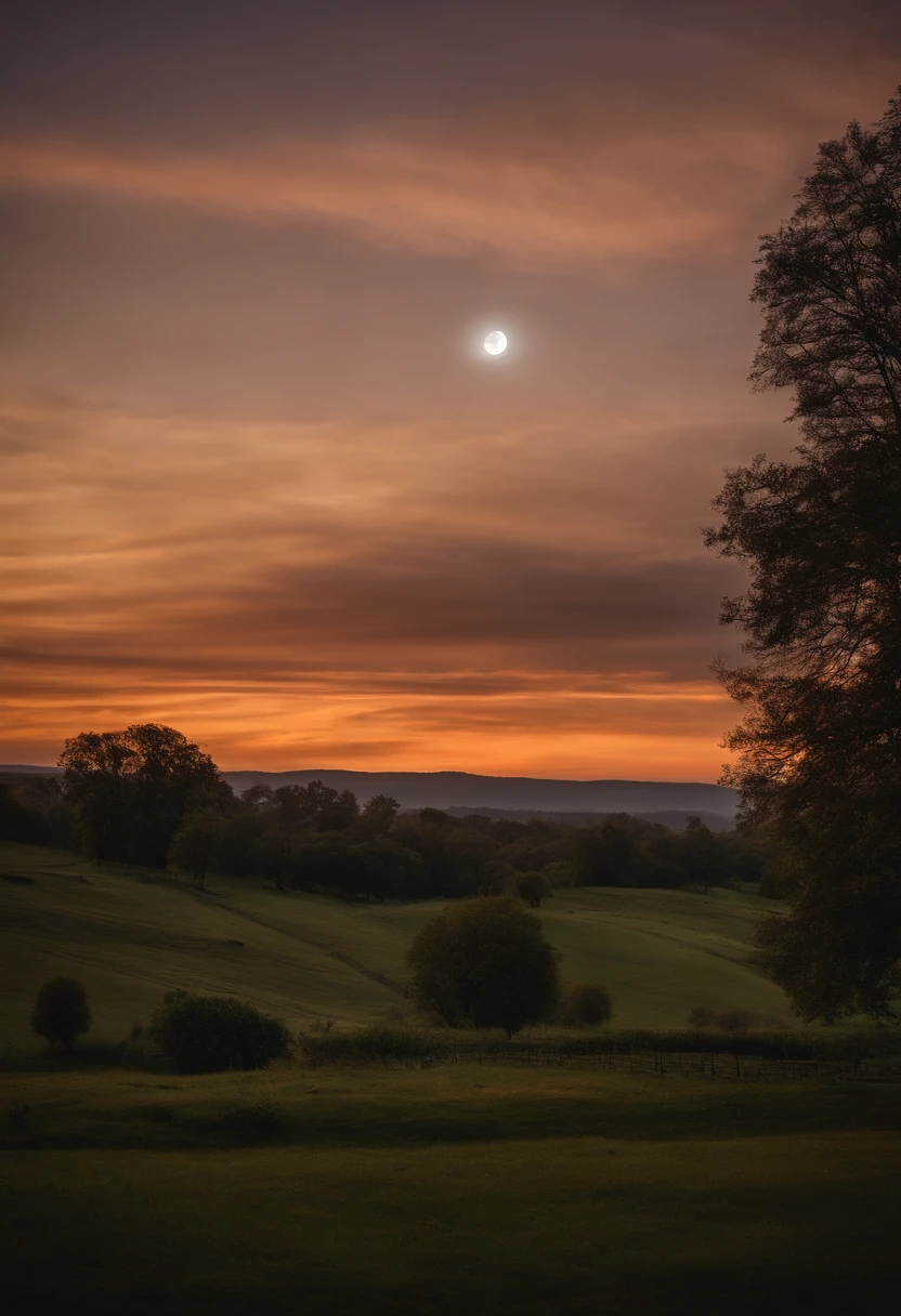 Sunset scene at night with stars in the sky and the moon, high image quality, high detail, high resolution, 4k, 8k, 16k