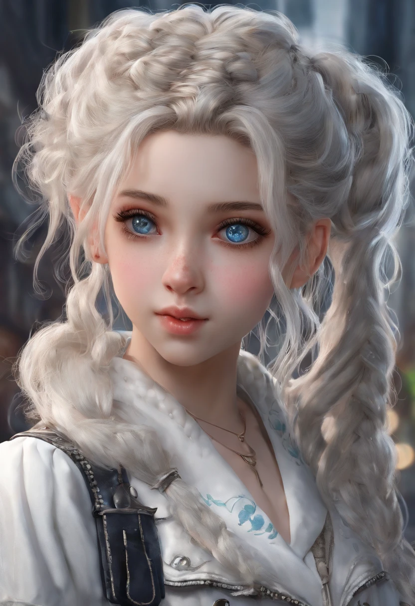 White color hair，Double ponytail curls，blue color eyes，White Lolita，Beth，A bustling city street