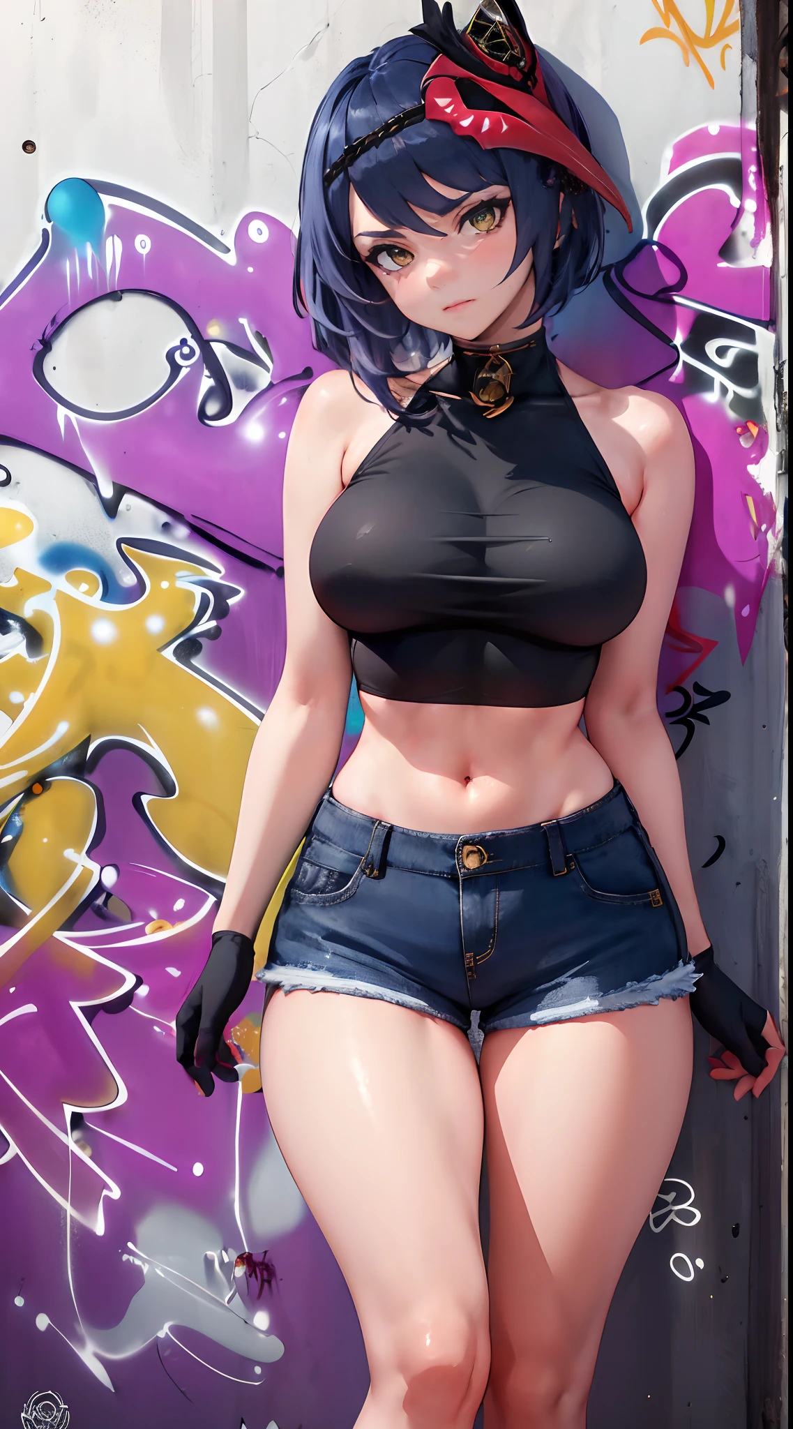 Kujou Sara Genshin Effect, masterpiece, bestquality, 1girls, mediuml breasts, bara, crop top, shorts jeans, choker, (Graffiti:1.5), Splash with purple lightning pattern., arm behind back, against wall, View viewers from the front., Thigh strap, Head tilt, bored, Ponytail, water eyes,
