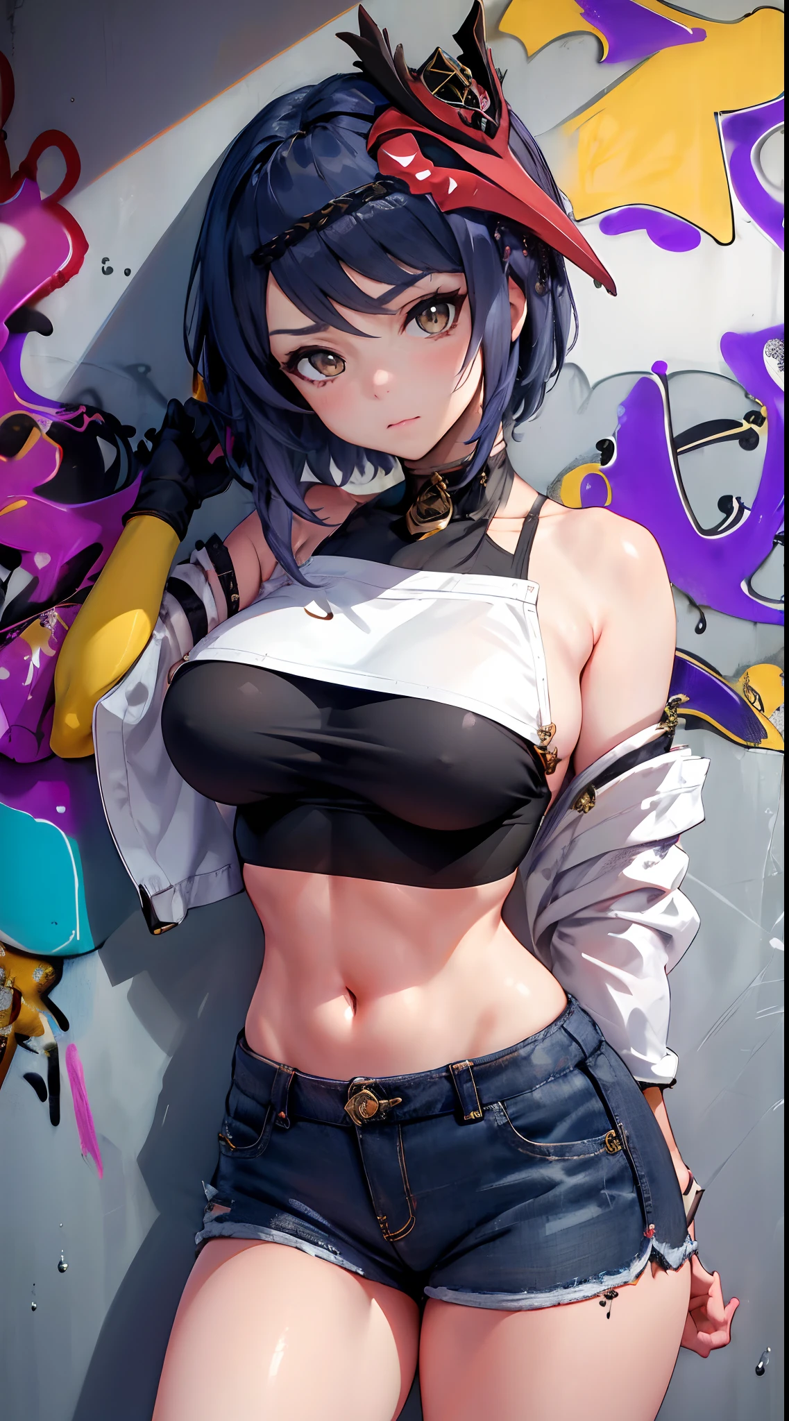 Kujou Sara Genshin Effect, masterpiece, bestquality, 1girls, mediuml breasts, bara, crop top, shorts jeans, choker, (Graffiti:1.5), Splash with purple lightning pattern., arm behind back, against wall, View viewers from the front., Thigh strap, Head tilt, bored, Ponytail, water eyes,