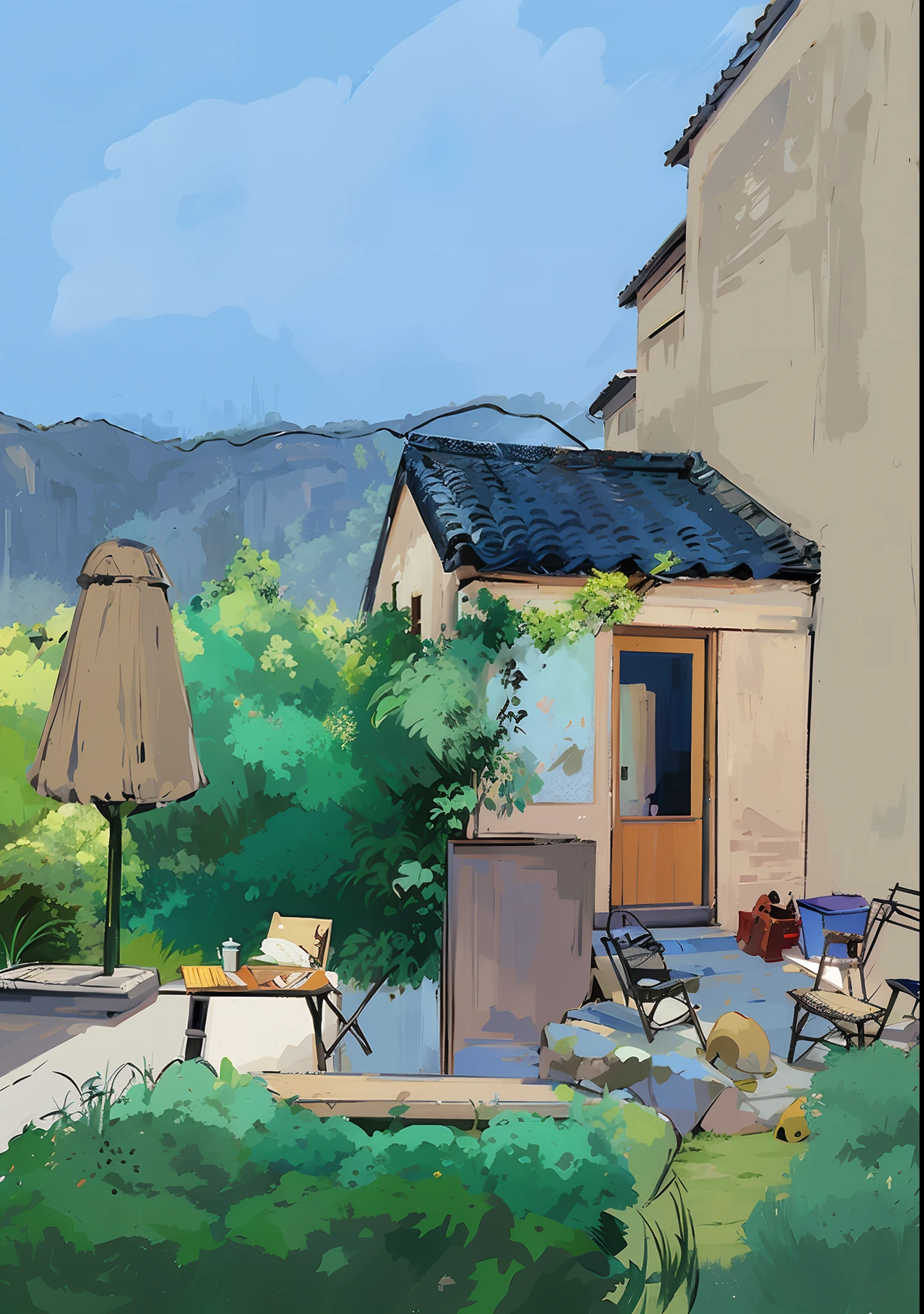 There is a drawing of a house with a terrace and a table, drawn in anime painter studio, In Studio Ghibli style, cel-shading style, A digital painting, In Studio Ghibli style, made with anime painter studio, Lourmarin, In Studio Ghibli style, studio ghibli artstyle, studio ghibli painterly style, in style of digital painting, Ghibli Studio Environment