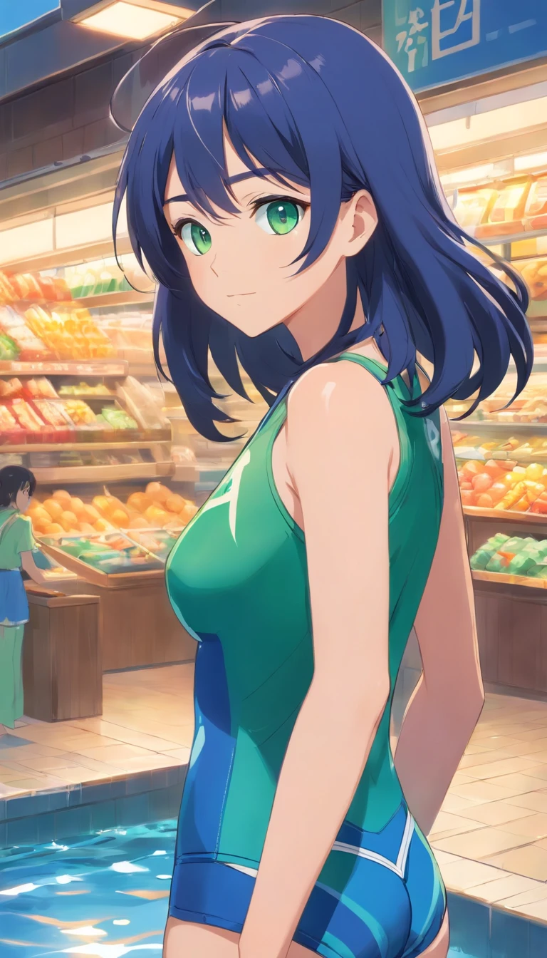 1 girl, FamilyMart Theme, FamilyMart Style, Blue Long Hair, Navy blue school swimsuit, Green eyes