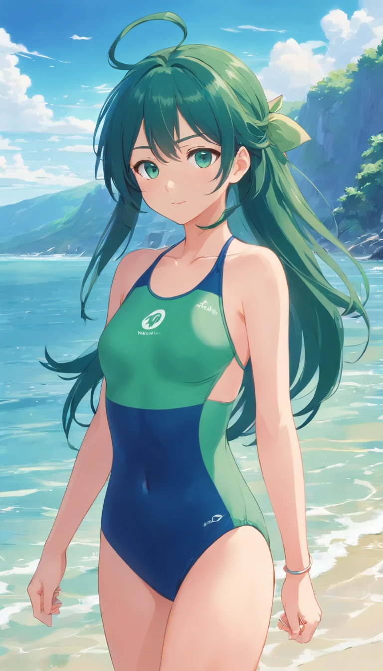 1 girl, FamilyMart Theme, FamilyMart Style, Blue Long Hair, Navy blue school swimsuit, Green eyes