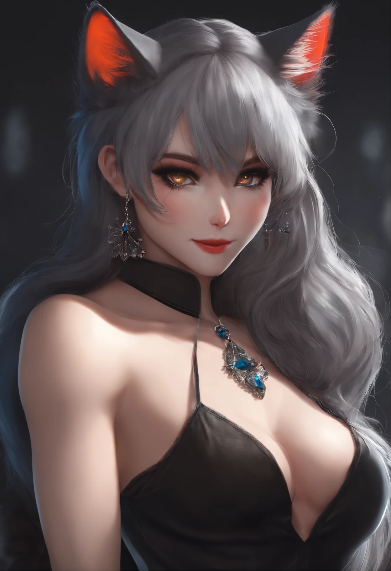 Beautiful muscular woman, a cat, shaggy hairy, Cat's ears, cat tail, Sexy Cat Girl, black wool, collar, fangs, Wild smile,