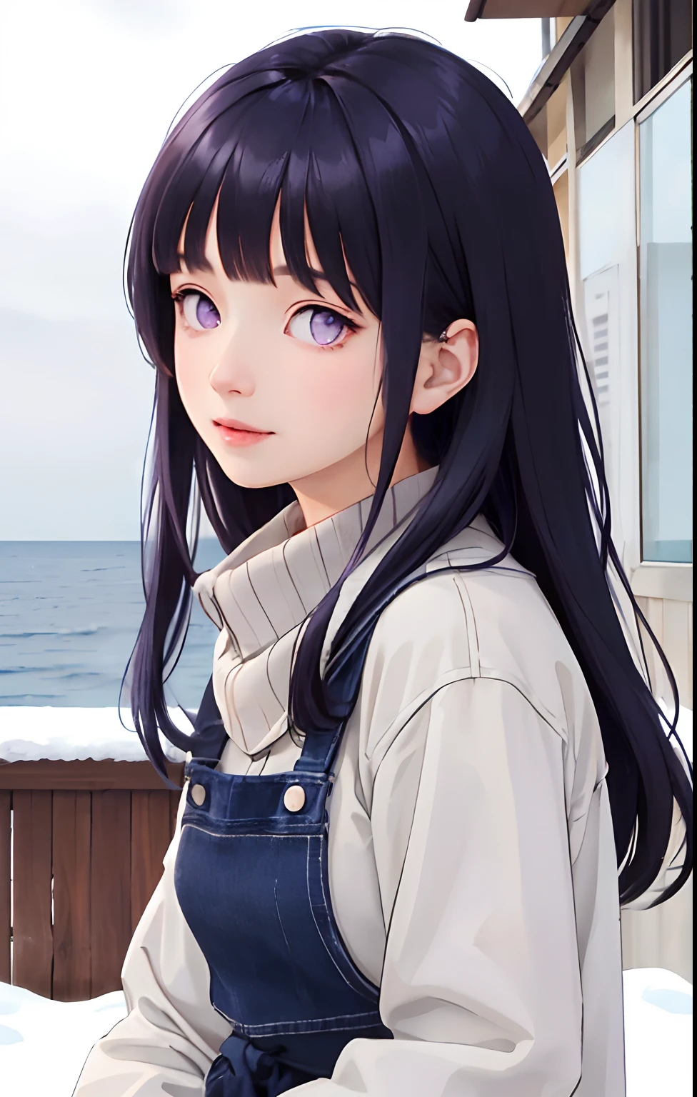 best quality, detailed background, girl,sea, cafeteria, bird, snow, winter,Blunt Bangs, purple eyes, medium wavy dark blue hair