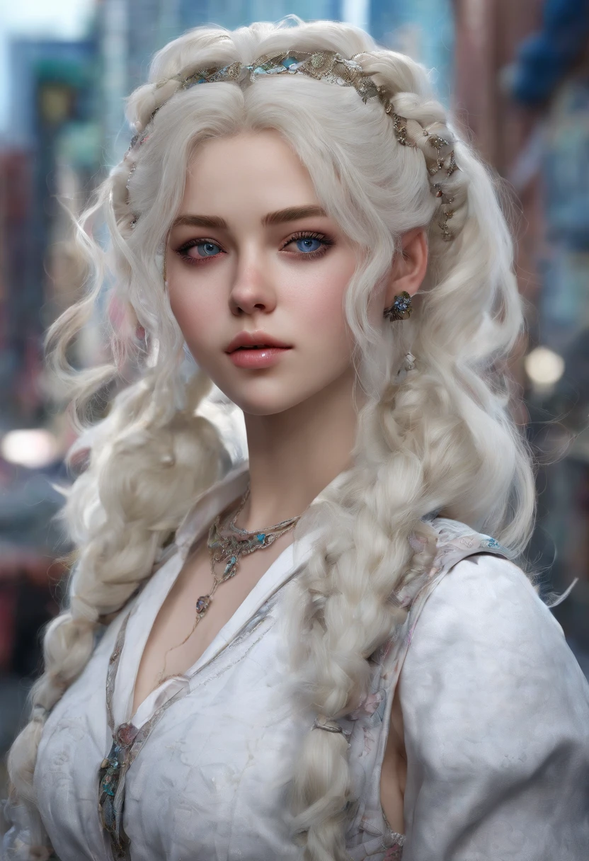 White color hair,Double ponytail curls,blue color eyes,White Lolita,Beth,A bustling city street