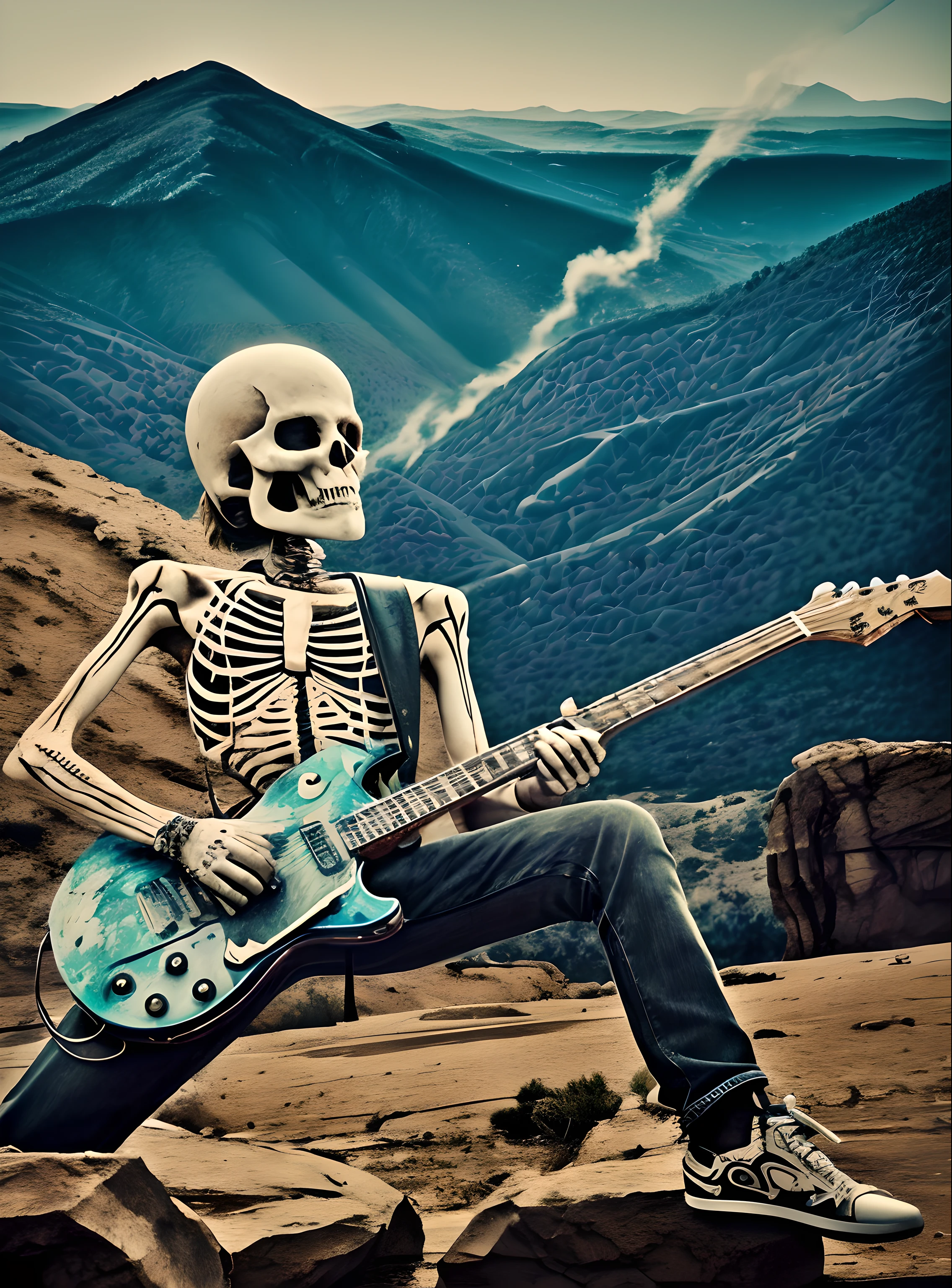 Design a T-shirt print featuring an illustration of a skeleton playing a rock guitar. Remove the background and add scattered paint splatters for added effect. Pay meticulous attention to (((intricate details))) such as the skeleton's bones and the guitar strings. Aim for ((extreme detail quality)) to make the design visually striking. Create a ((dynamic composition)) that conveys the energy and excitement of rock music. Utilize a color palette that enhances the rock 'n' roll vibe.