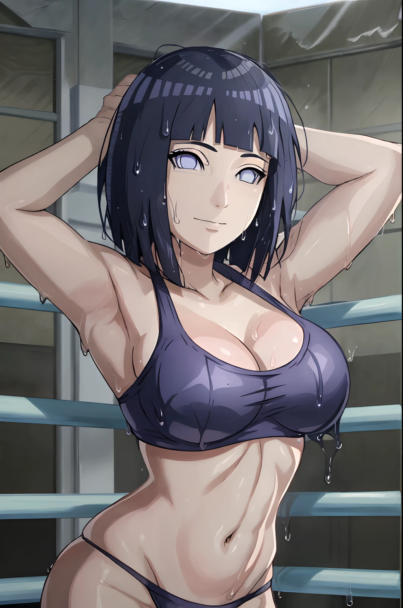 poster, anime style, hires ((wrestling ground)), (hinata\(boruto\), (female wrestler), (slender body, wet), mature woman, milf, (bikini, ultra detailed pro wrestling gear) victorious, gorgeous, winner, kind face, smile, closed mouth, (pale skin, shiny skin, lighting and shadow), (dark blue hair color:1.1), wavy hair, ((short hair, hime cut), big breasts, (only one arm stretching), long belly, closed fists, seductive, (perfect eyes, white sciera, bright eyes, white eyes, anime eyes, eyeshadow, looking at the viewer)