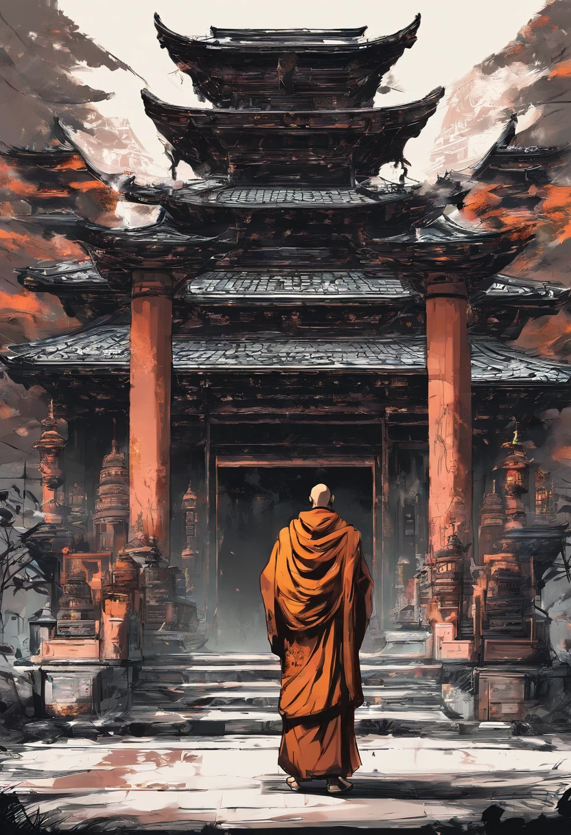 Monge lutador sem cabelo, desferindo chute no ar, Typical Chinese monk clothes, com um templo como imagem de fundo.