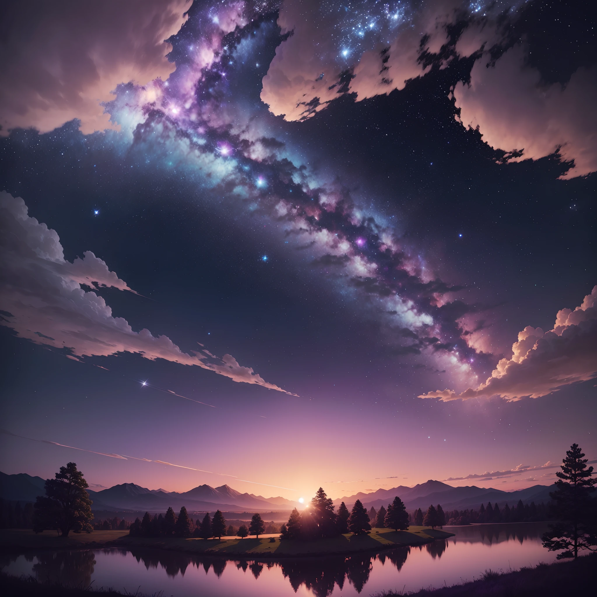 Purple and blue sky with stars and clouds over a lake - SeaArt AI