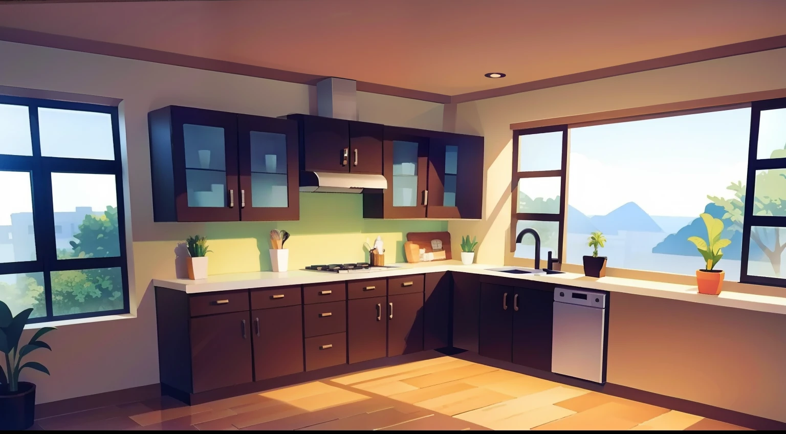Model Room、Counter kitchen、No person、window、houseplant