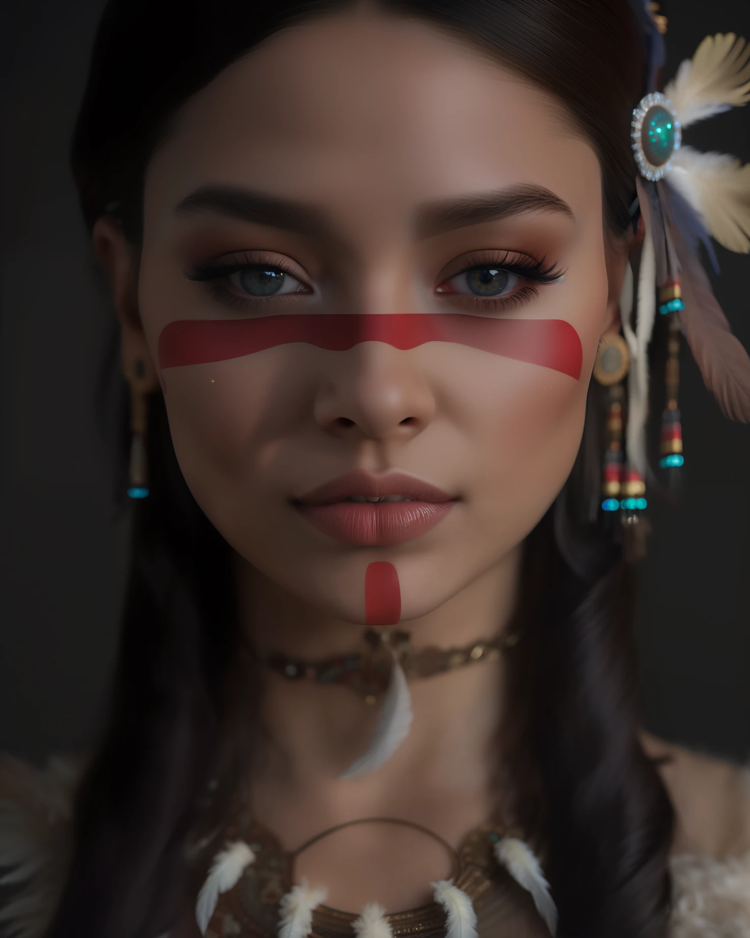 Extremely perfect and beautiful cinematic hyperrealistic image of a gorgeous arafed woman, the most beautiful and sensual in the world, with painted face and feather headdress with feathers, Personagem pequeno. Motor Unreal 5, Amazing photorealistic graphics, CGSsociety, altamente detalhado, Cinematic realistic portrait, Personagem 3d realista, CGSetivity UHD 4K altamente detalhado, maia realista, 8k portrait render, personagem de fantasia hiperdetalhado, arte digital altamente realista, retrato ultra detalhado, Retrato CGSetivity