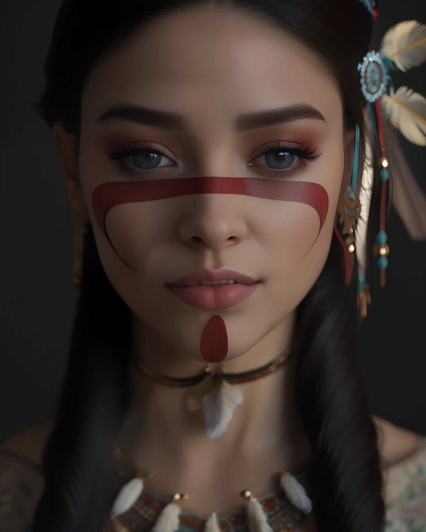 Extremely perfect and beautiful cinematic hyperrealistic image of a gorgeous arafed woman, the most beautiful and sensual in the world, with painted face and feather headdress with feathers, Personagem pequeno. Motor Unreal 5, Amazing photorealistic graphics, CGSsociety, altamente detalhado, Cinematic realistic portrait, Personagem 3d realista, CGSetivity UHD 4K altamente detalhado, maia realista, 8k portrait render, personagem de fantasia hiperdetalhado, arte digital altamente realista, retrato ultra detalhado, Retrato CGSetivity