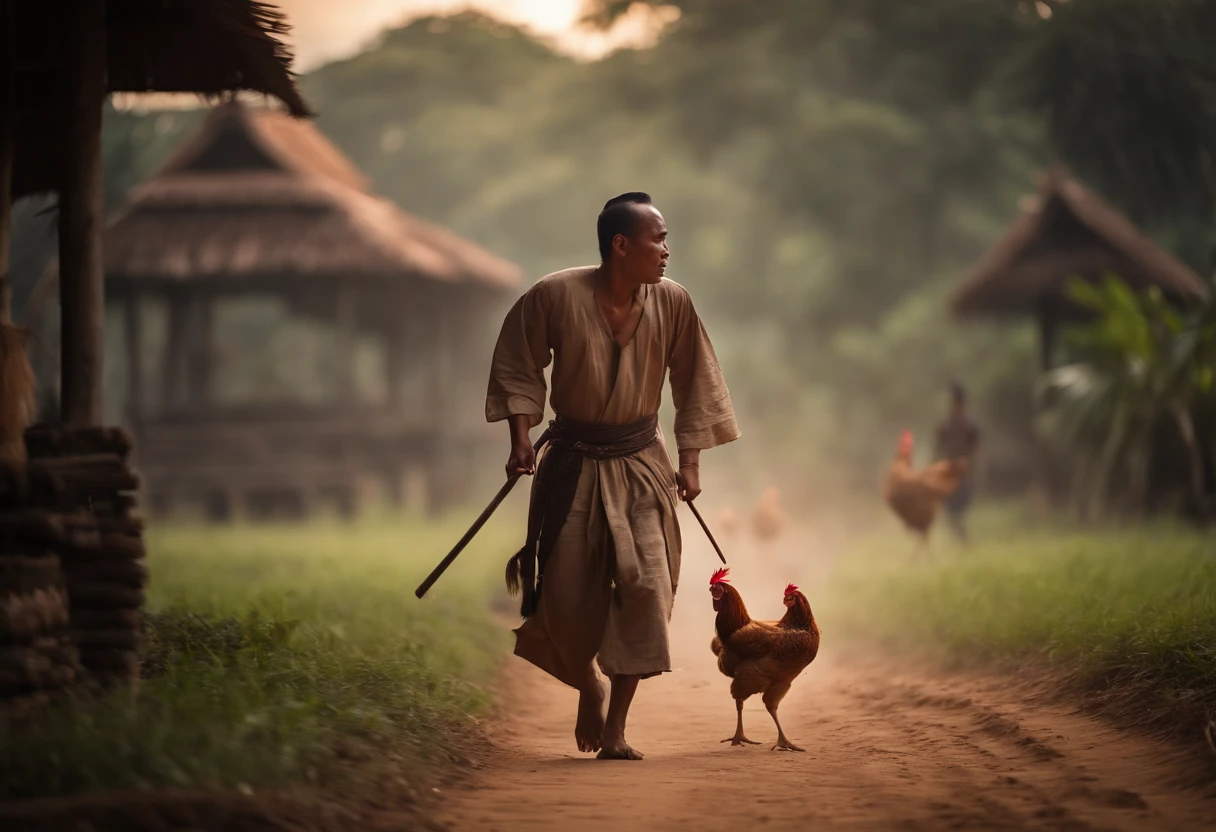 Thai man in slave costume holding a long stick chasing a chicken, Ancient Thai House