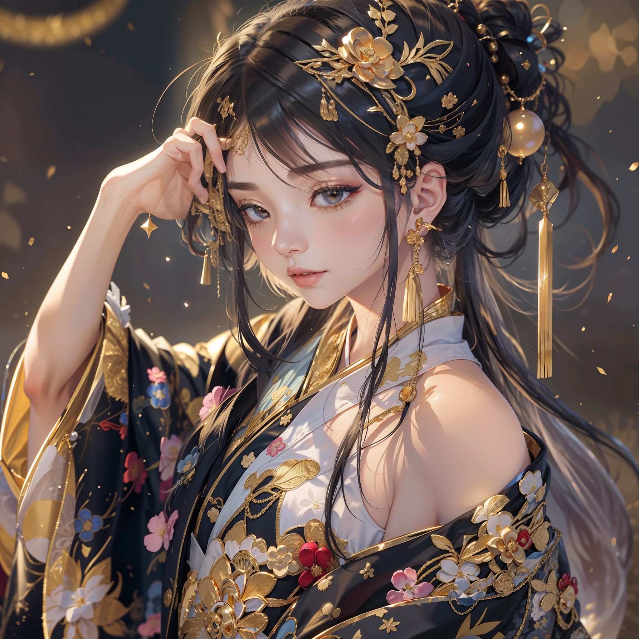 watching at viewers,Guño on a dark background(kyoto、starryskybackground,dense background),perfect hand、poneyTail、Woman with shiny black hair、BREAK Elaborate costumes{Luxury kimono(Colorful kimono(Detailed golden embroidery,))}、face perfect,Depict a beautiful and graceful woman of Japan。Heart in the eye。full body Esbian。 Wallpaper 8K, .Blur the background with a sickle,((masutepiece)), ((Best Quality)),Photorealistic