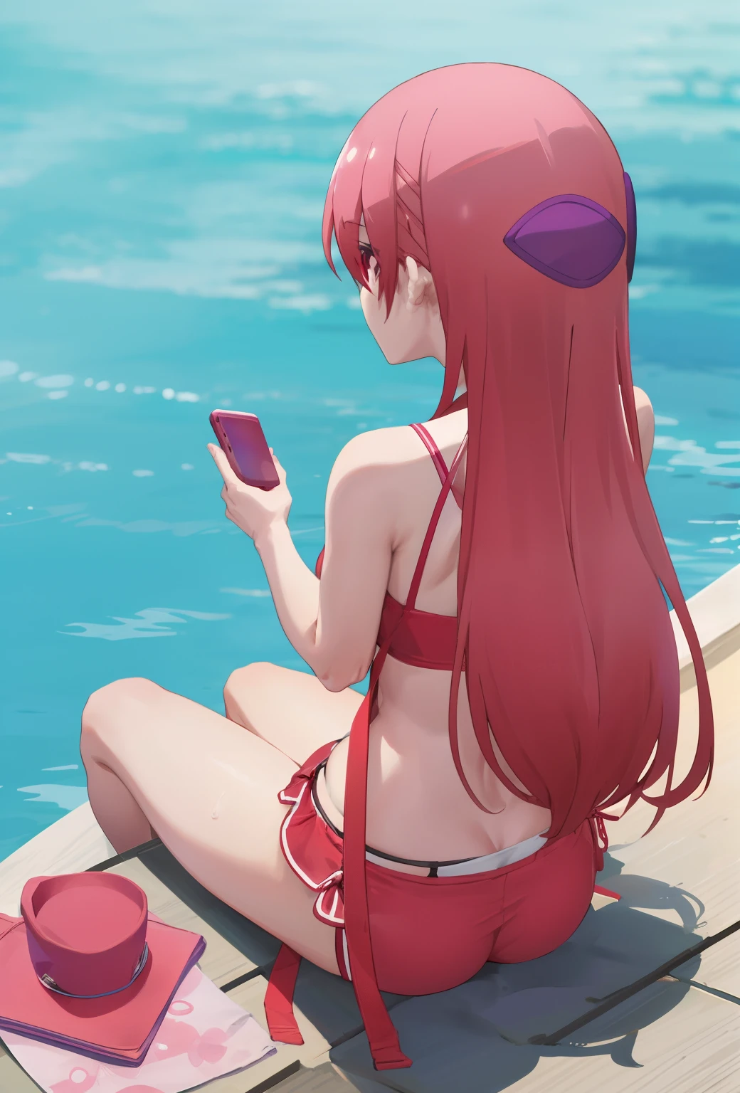 tsukasa, view from back, bikini bajo camiseta larga, bragas rosadas, sonrojo, piscina