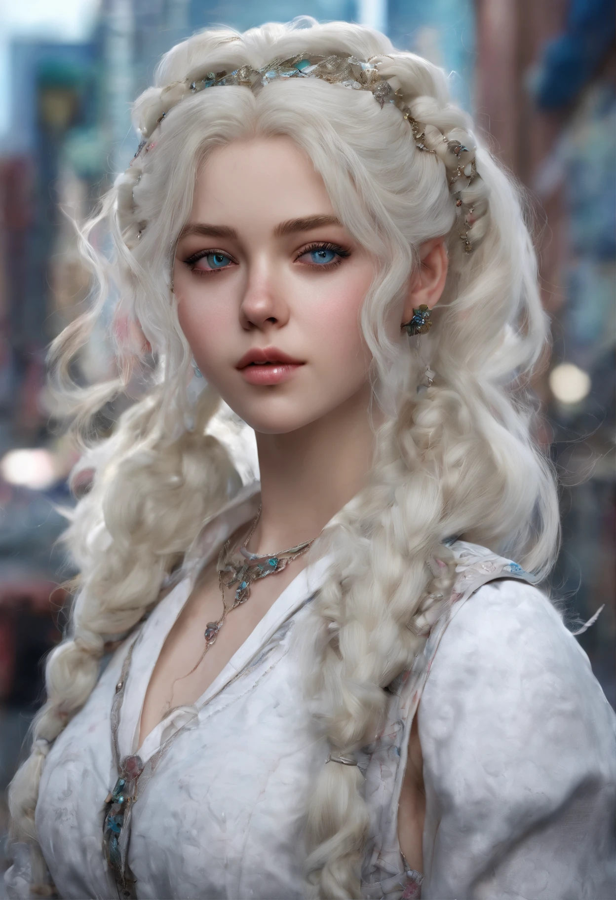 White color hair,Double ponytail curls,blue color eyes,White Lolita,Beth,A bustling city street