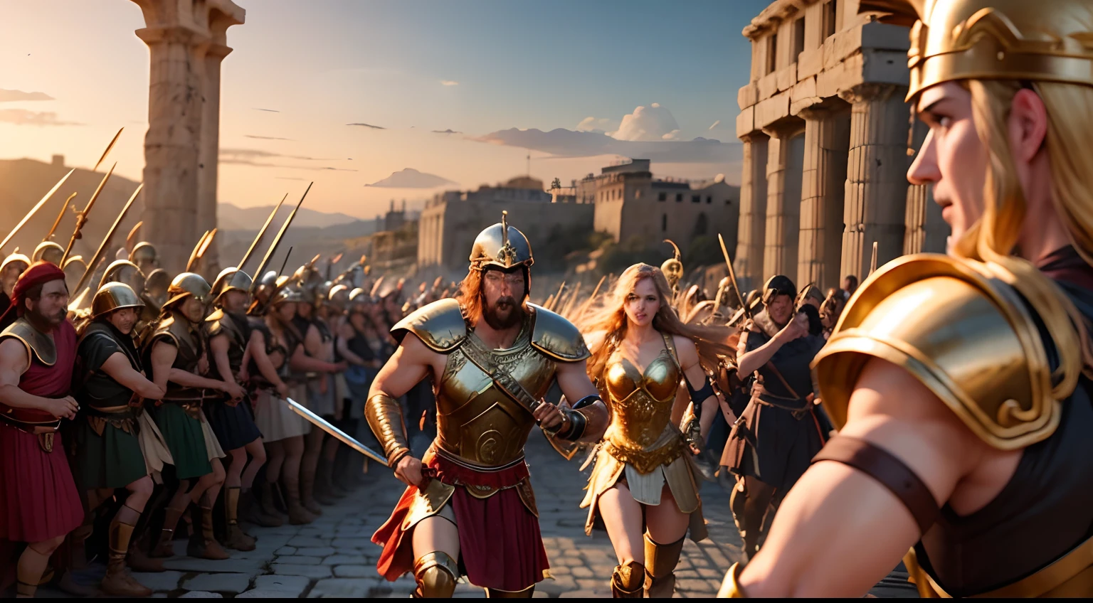 Recreate the epic scene of the Trojan War, with Greek and Trojan warriors clashing outside the walls of Troy, their swords and spears glinting in the sunlight as the city burns in the background.