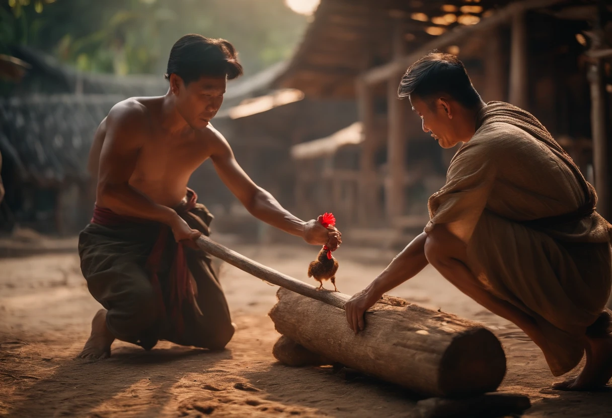 A Thai man in slave clothing is hitting a chicken with a log., Ancient Thai House