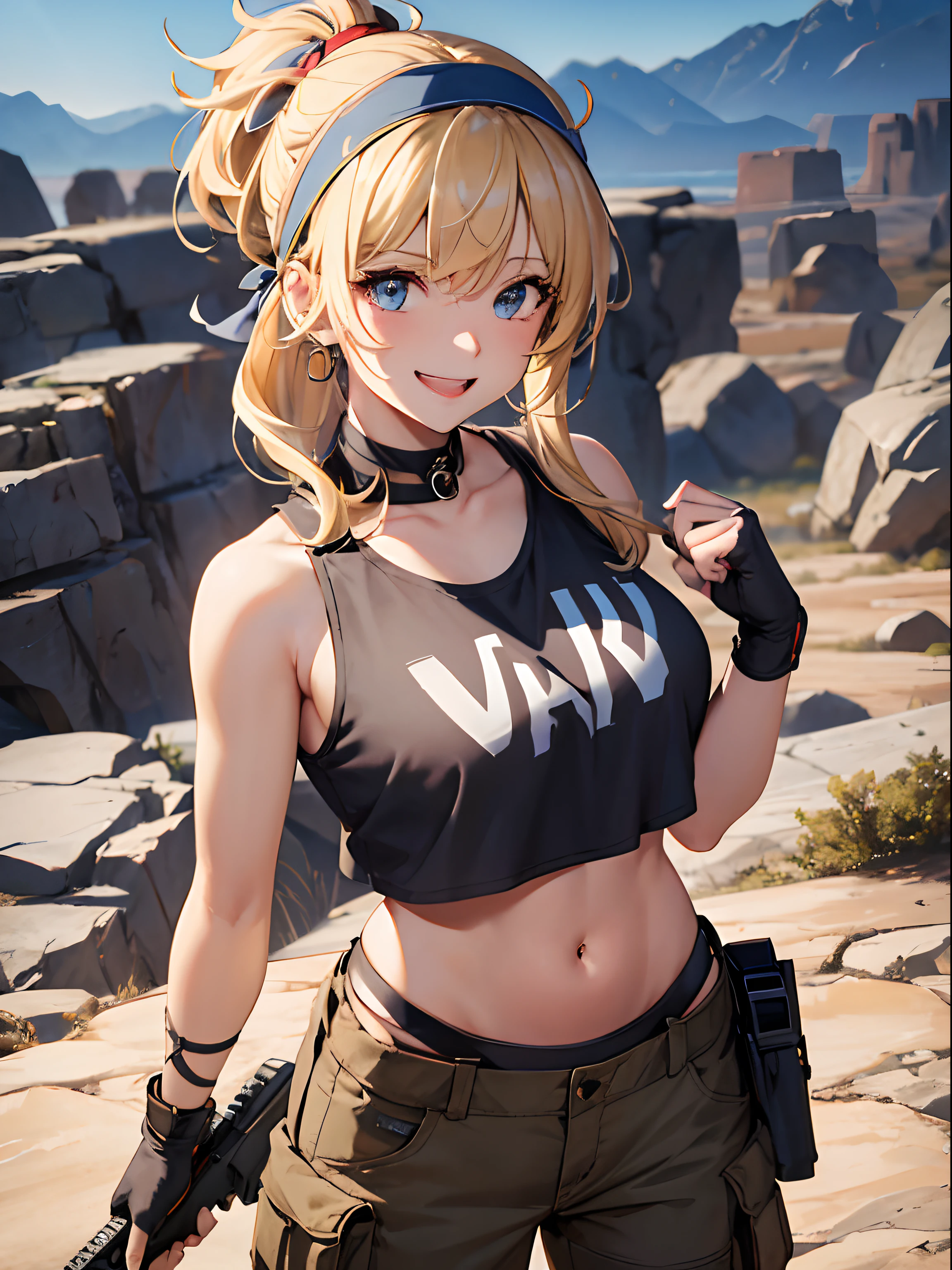 Close up of an excited woman standing in a rocky desert area in Nevada. She has a chaotic yet playful smile as she laughs, she is holding an assault rifle in her hands. Her hair is a light blonde and short but still quite messy, she is wearing a bandana that covers her forehead and wraps around her head. She is wearing cargo pants and a tank top that emphasizes her large chest.