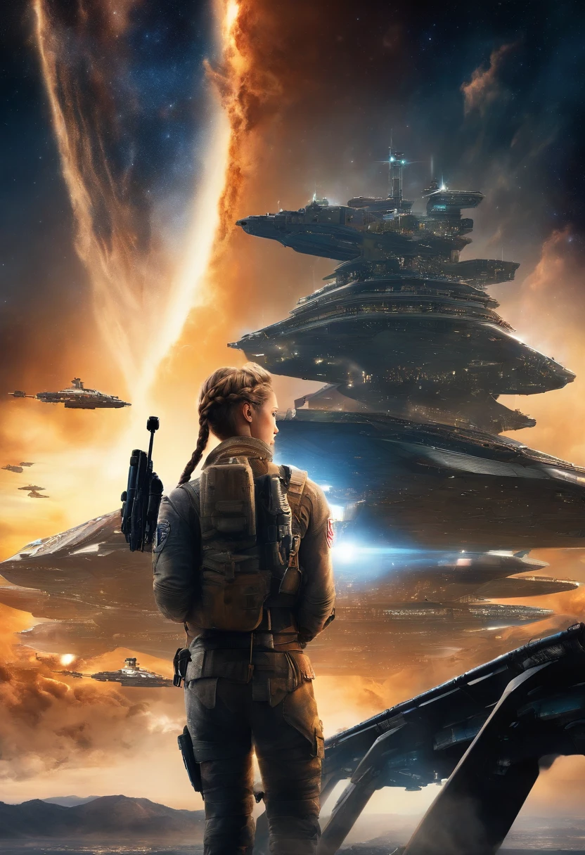 Movie poster,((braid hairstyle : 1.5)),Anime Reference 86 ,Science fiction,Sci-fi,cinematic ligh,War action movie,space,atmosphere,sky,battleship,