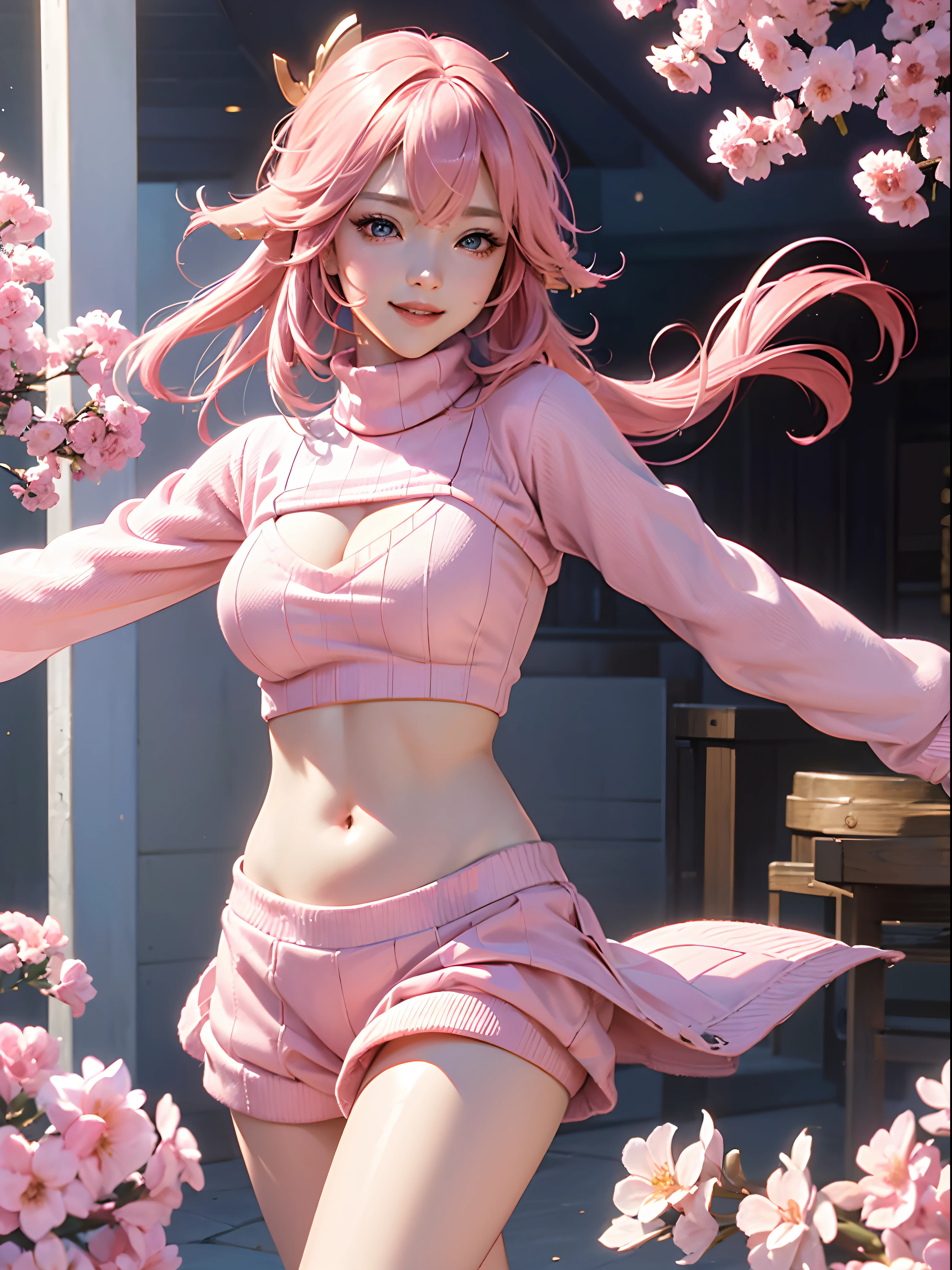 Yae miko(genshin impact), extremely detailed, 1 girl,((( wearing pink sweater ))), (((belly cutout))),realistic anime, 4k, wallpaper, smiling, (((cafe))), pink hairs, thin waist, big breasts