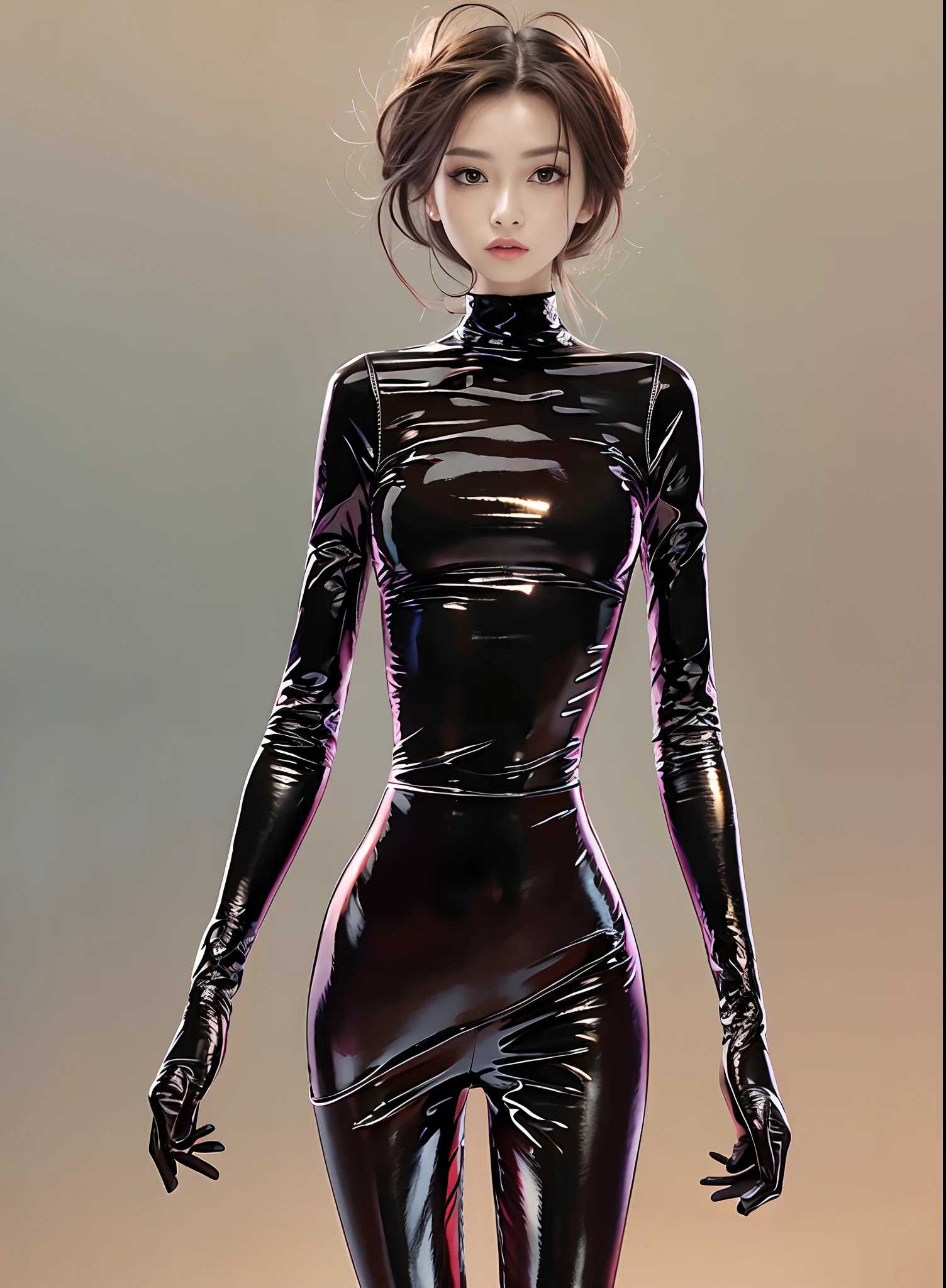 (nsfw),Best Quality, Realistic, (1girl:1.8), (wet short hair girl), with fair skin and seductive blue-eyes, (oiled and shiny theme:1.8), (oily skin, shiny skin, wet skin, damping skin, Skin that shines with oil), detailed face, huge eyes, very small face, detailed eyes, big eyes, dropy eyes, Double eyelid, Glossy eyes, (black theme:1.4), ((Wearing Very cramped and very tight rubber oiled Latex)), (Sleeveless:1.2), (A pleated skirt:1.2), (Detailed oily latex:1.6), Adopt a curvaceous posture, damp skin, (in a concrete), happy, Smiling, looking viewer, large breasts, oily udder、oily breast, soft breasts、Ingrained skin, ingrown breast, (meat caught in the clothing, meat stuck to the clothing), (abs:1.2), bold exposure、(oily skin), wet skin、damp skin、big muscular Round butt、captivate your audience、random sexy pose, female leopard sexy pose、Adopt a curvaceous posture, (Perfect and beautiful black background),(refraction of white lighting),