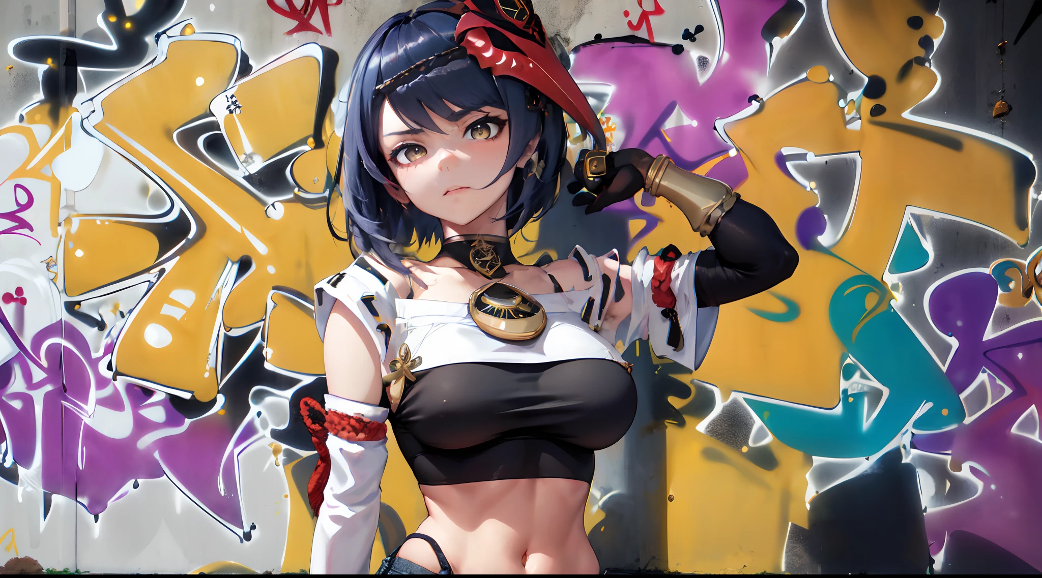 Kujou Sara Genshin Effect, masterpiece, bestquality, 1girls, bara, crop top, shorts jeans, choker, (Graffiti:1.5), Splash color into letters"Kujou Sara",  arm behind back, against wall, looking at the audience, bracelet, Thigh strap, Paint on the body........................., Head tilt, bored, multicolored hair, water eyes, headset,