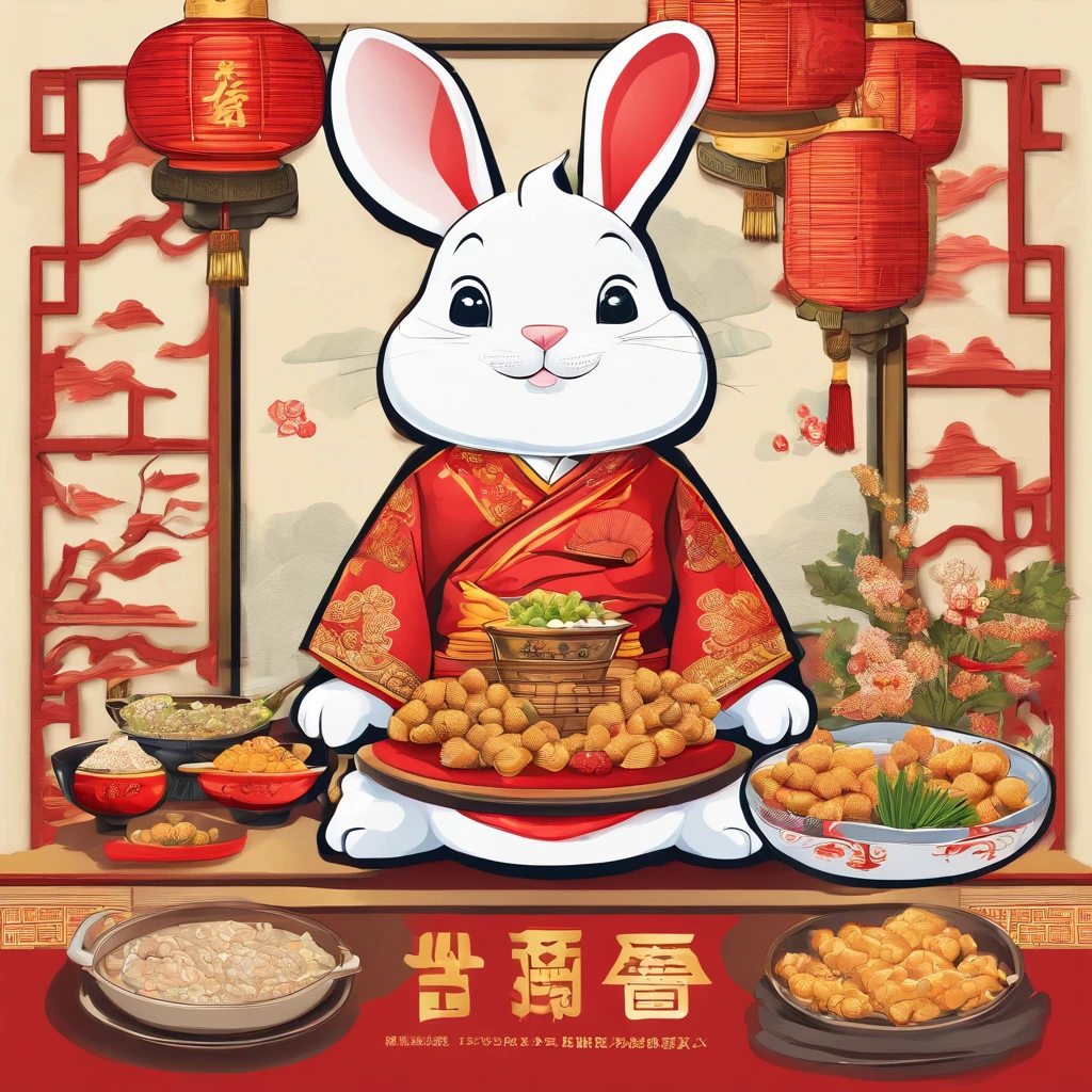 Lunar New Year greeting card,Accompanied by a rabbit and a plate of food, mapo tofu cartoon, hand painted cartoon art style, food advertisement, ancient china art style, Japanese cartoon style, full card design, Rabbit holding kitchenware,The rabbit carries an iron pot on his back