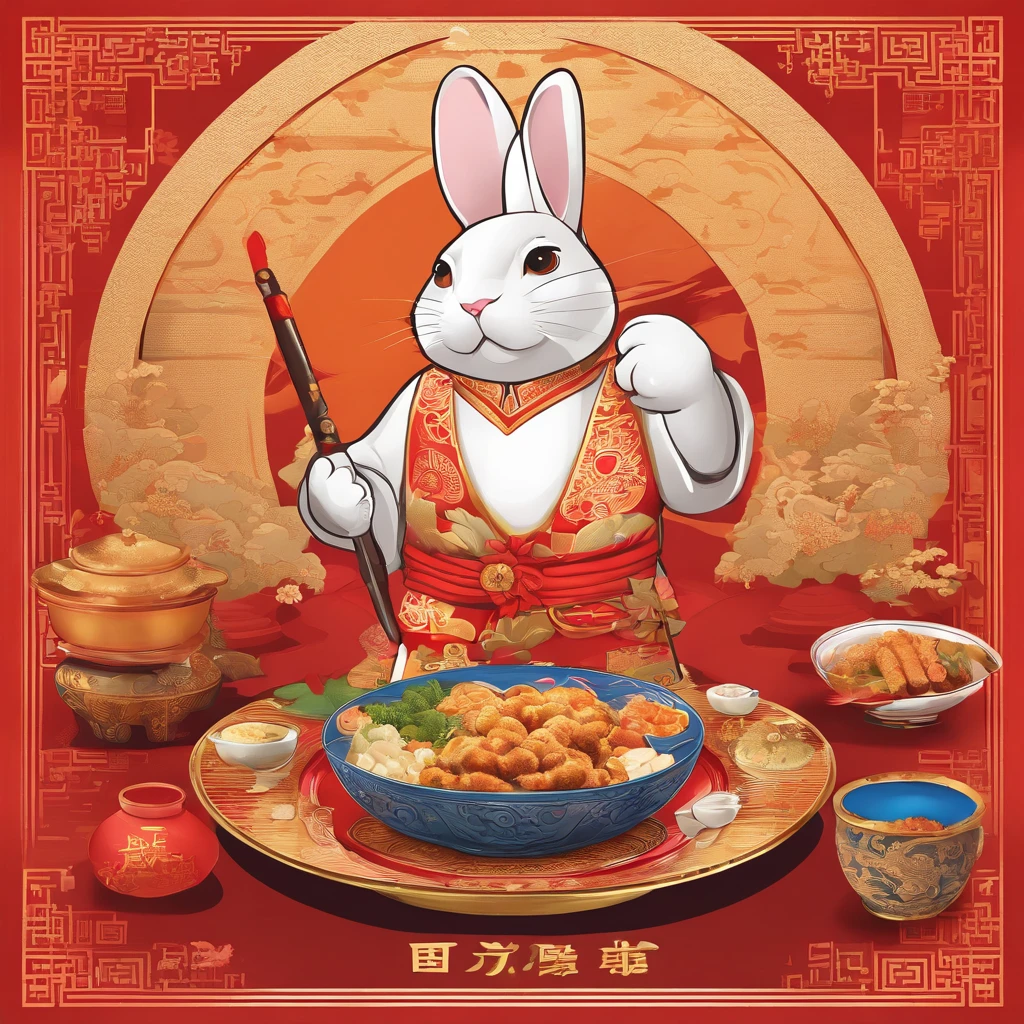 Lunar New Year greeting card,Accompanied by a rabbit and a plate of food, mapo tofu cartoon, hand painted cartoon art style, food advertisement, ancient china art style, Japanese cartoon style, full card design, Rabbit holding kitchenware,The rabbit carries an iron pot on his back