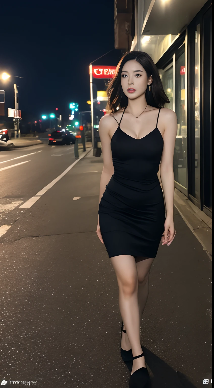 ((Realistic lighting, best qualtiy, 8K, tmasterpiece:1.3)), sharp fokus:1.2, 1girll, Beautiful Women with Perfect Figure:1.4, Slim abs:1.1, ((Dark brown hair)), (Slip dress:1.4),(exteriors,during night:1.1),the city street,Ultra-fine face,Fine eyes,二重まぶた,
