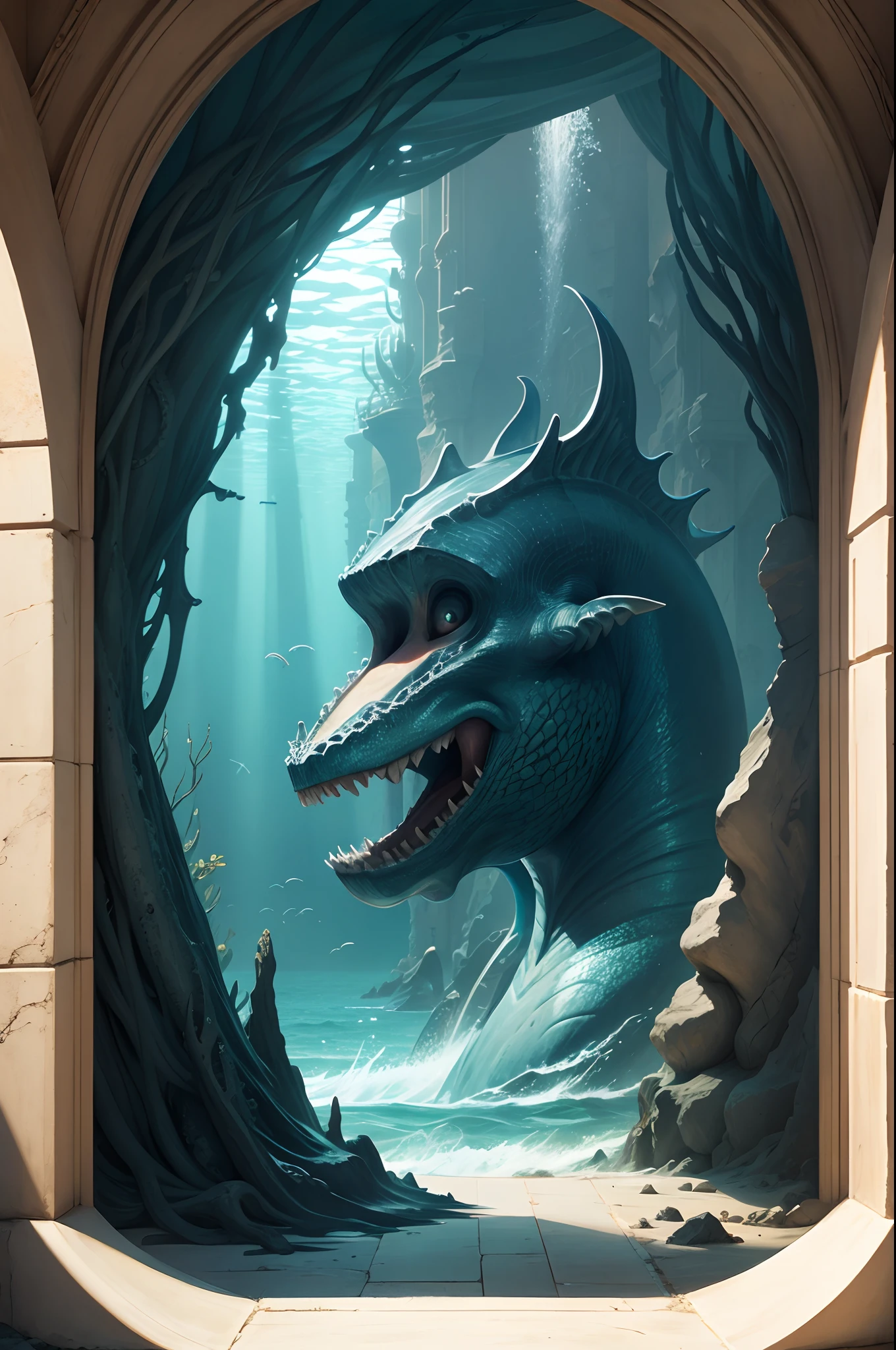underwater, sea creature, mythology, greek, sea monster, captive, architecture