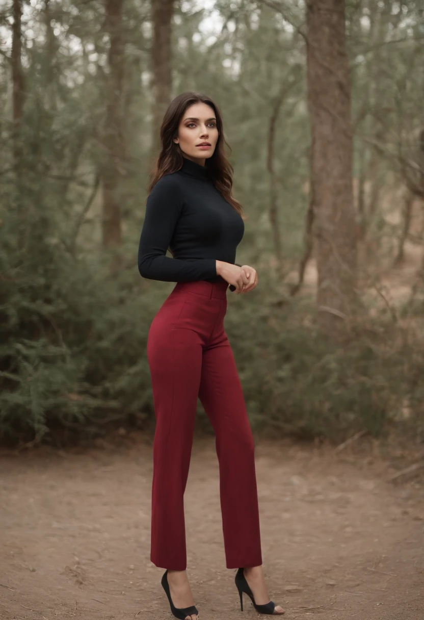 emilisia gomezi, tall, gorgeous, spanish descent, age 23, smooth skin, black hair. red color turtle neck, black fitting pants, simple silver necklace, working at the underground base, highly detailed, well lit, 8k, reviewing artifacts, holding a long whip. amazing detail,