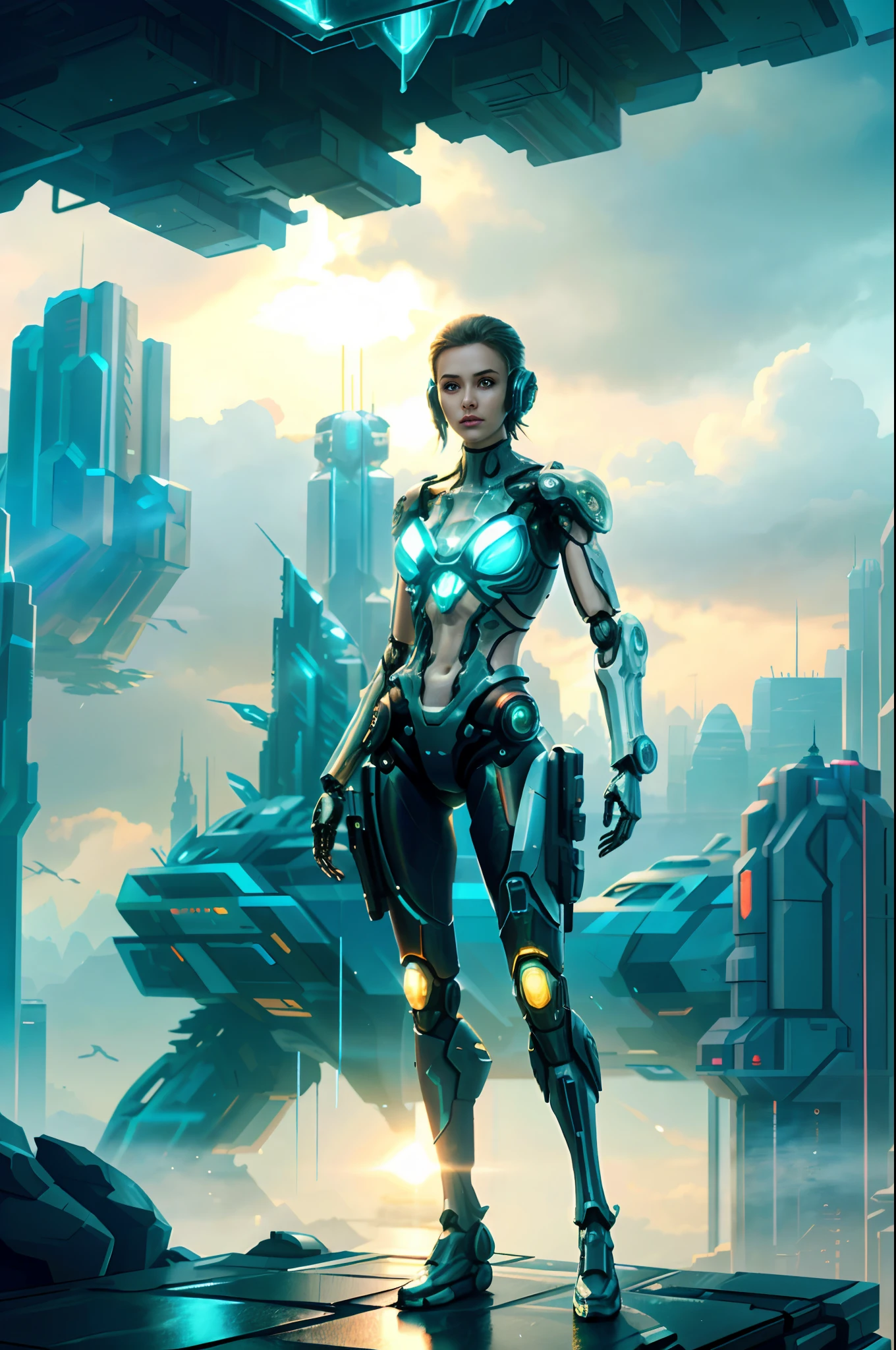 Futuristic woman in futuristic city with futuristic futuristic city in background, Translucent mechanical girl,Mechanical joints,inspired by Marek Okon, Beautiful sci-fi art, Science-fi digital art illustration, Digital cyberpunk art, science fiction digital painting, futuristic digital painting, futuristic concept art, in front of a sci fi cityscape, science fiction digital art, Advanced digital cyberpunk art, dreamy cyberpunk girl