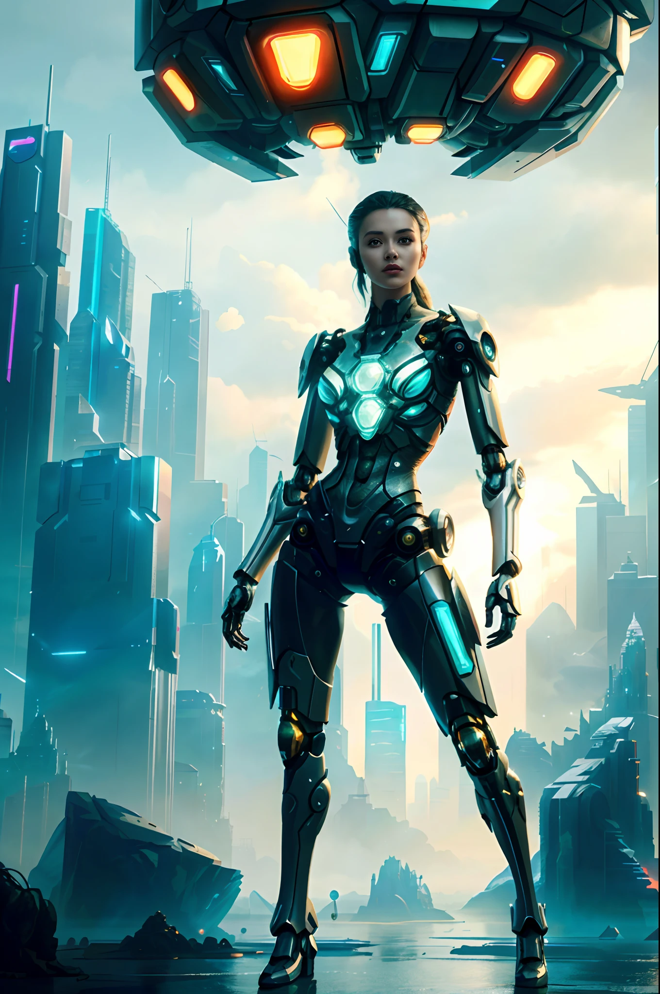 Futuristic woman in futuristic city with futuristic futuristic city in background, Translucent mechanical girl,Mechanical joints,inspired by Marek Okon, Beautiful sci-fi art, Science-fi digital art illustration, Digital cyberpunk art, science fiction digital painting, futuristic digital painting, futuristic concept art, in front of a sci fi cityscape, science fiction digital art, Advanced digital cyberpunk art, dreamy cyberpunk girl
