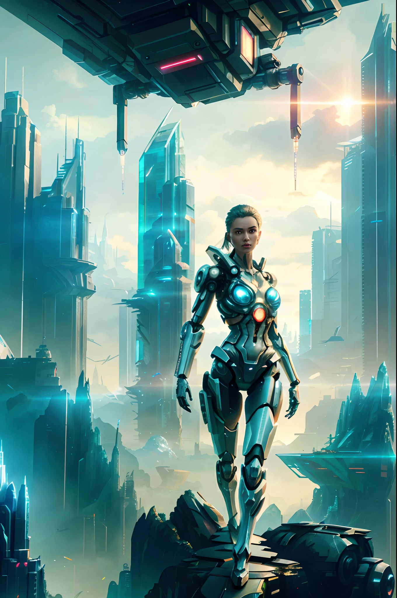 Futuristic woman in futuristic city with futuristic futuristic city in background, Translucent mechanical girl，Mechanical joints，inspired by Marek Okon, Beautiful sci-fi art, Science-fi digital art illustration, Digital cyberpunk art, science fiction digital painting, futuristic digital painting, futuristic concept art, in front of a sci fi cityscape, science fiction digital art, Advanced digital cyberpunk art, dreamy cyberpunk girl