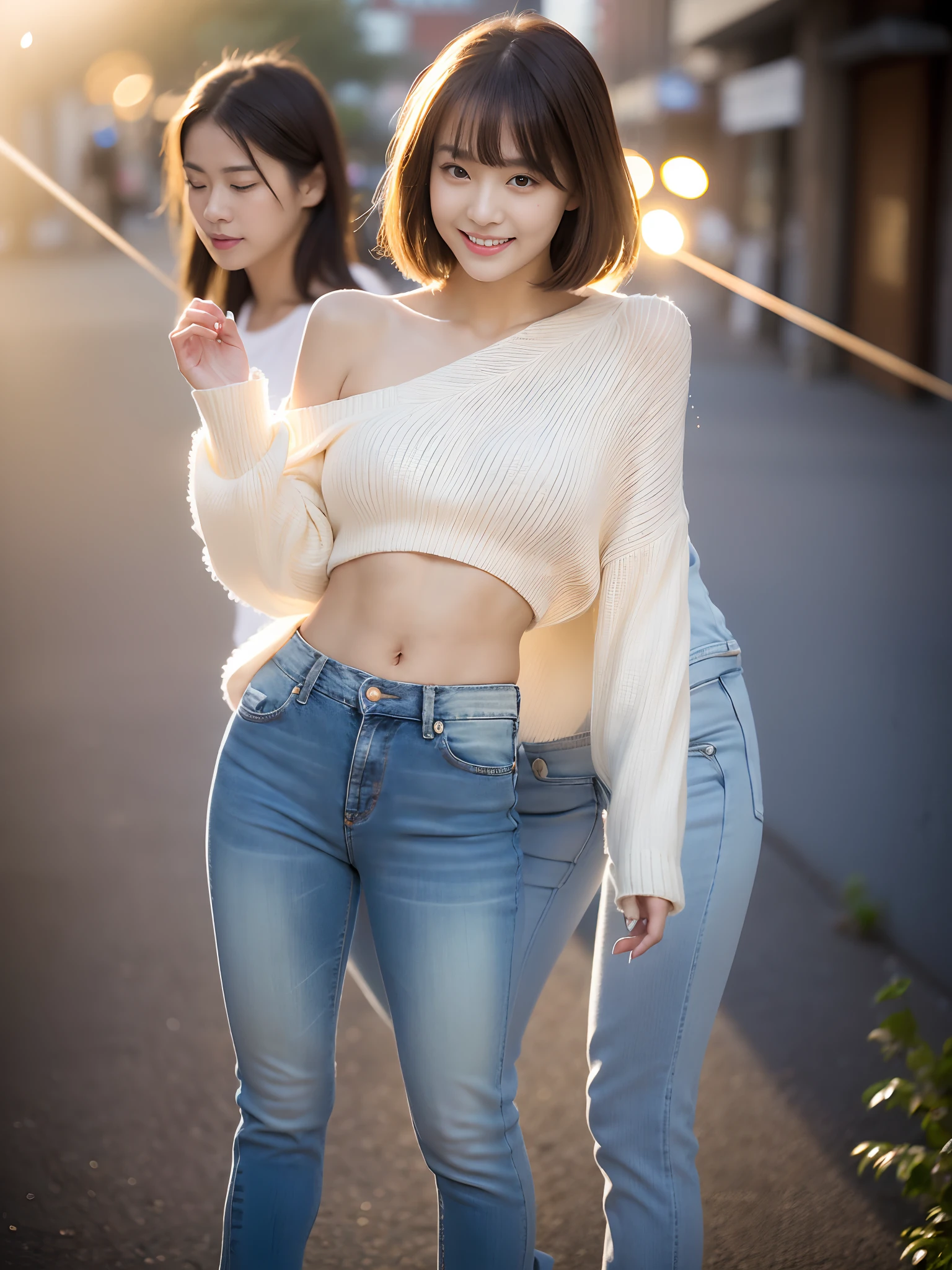 （超高分辨率，RAW photogr，8K,k hd，Best quality，tmasterpiece:1.5），（Complicated details，realisticlying），1 very beautiful woman, age 22, Solo, A high resolution, Extremely detailed face, (Professional lighting，Bokeh），（light particules，lens flare glow，Luminous Particle：0.6），gentlesoftlighting，Trendy atmosphere，jpn，the street，Stylish short hair，bobo head， A brown-haired, Hair is delicate and soft，Fluttering, cparted lips, lipsticks, Seductive smile, ssmile, Open-mouthed, teeth, There are small dimples，White swan neck，Shave your shoulders, Bigchest，（Petite，Golden ratio figure），Wear one（blue gray）（tight-fitting，Wrap tightly around the body）Sweaters, (Wash blue）（Fashion jeans),（detailed outfits:1.5）， 二重まぶた，long eyelasher, birthmark, (Moles under eyes: 1), Big breasts Thin waist，Beautiful buttocks，The calves are well-proportioned, slenderness:1.2，A pair of small white and tender jade feet，Beautiful toes:1.5，Wear stylish sandals，（Coquettish and playful beautiful pose），Female-centered focus photography，The waist and crotch are the focus，Broad lighting，naturalshadow，wide wide shot，close focus，shooting full body:1.8,fully body photo:1.8