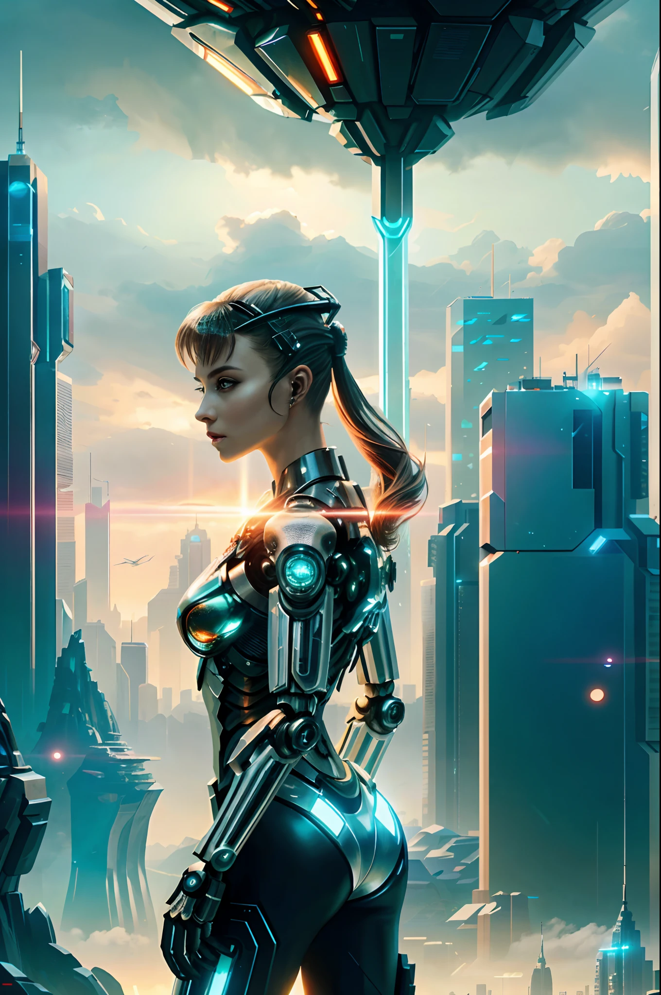 Futuristic woman in futuristic city with futuristic futuristic city in background, Translucent mechanical girl,Mechanical joints,inspired by Marek Okon, Beautiful sci-fi art, Science-fi digital art illustration, Digital cyberpunk art, science fiction digital painting, futuristic digital painting, futuristic concept art, in front of a sci fi cityscape, science fiction digital art, Advanced digital cyberpunk art, dreamy cyberpunk girl
