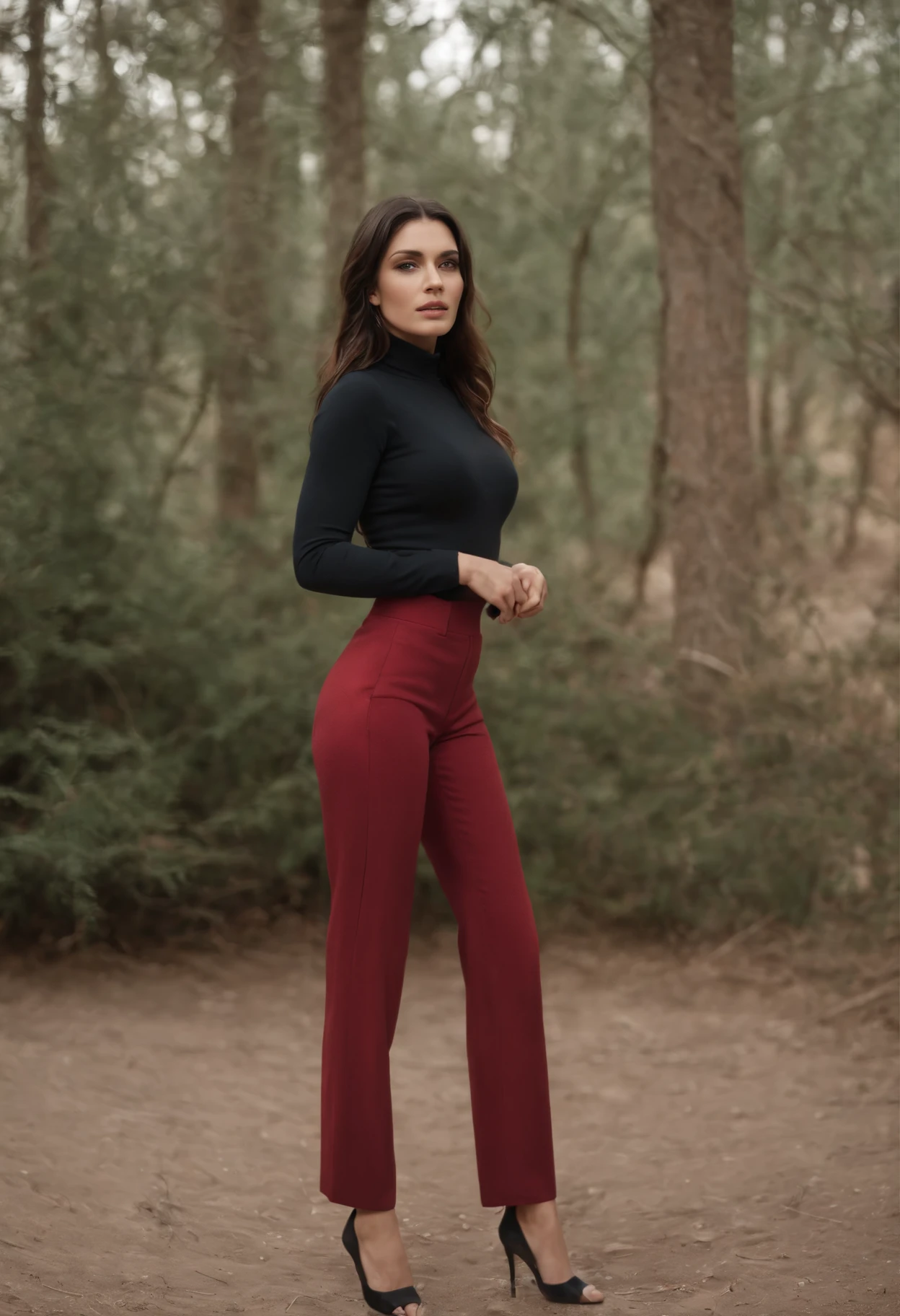 emilisia gomezi, tall, gorgeous, spanish descent, age 23, smooth skin, black hair. red color turtle neck, black fitting pants, simple silver necklace, working at the underground base, highly detailed, well lit, 8k, reviewing artifacts, holding a long whip. amazing detail,