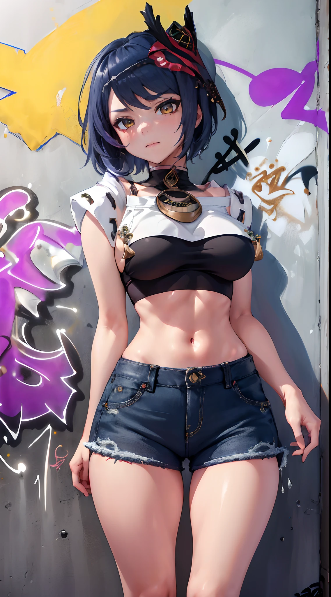 Kujou Sara Genshin Effect, masterpiece, bestquality, 1girls, oversized breasts, bara, crop top, shorts jeans, choker, (Graffiti:1.5), Splash with purple lightning pattern., arm behind back, against wall, View viewers from the front., Thigh strap, Head tilt, bored, water eyes,