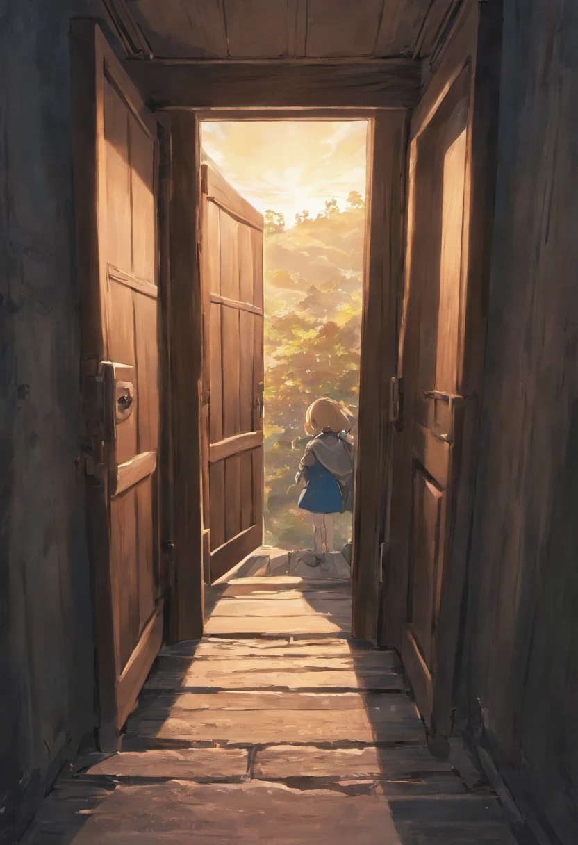 Illustration of an old door open with no one near it