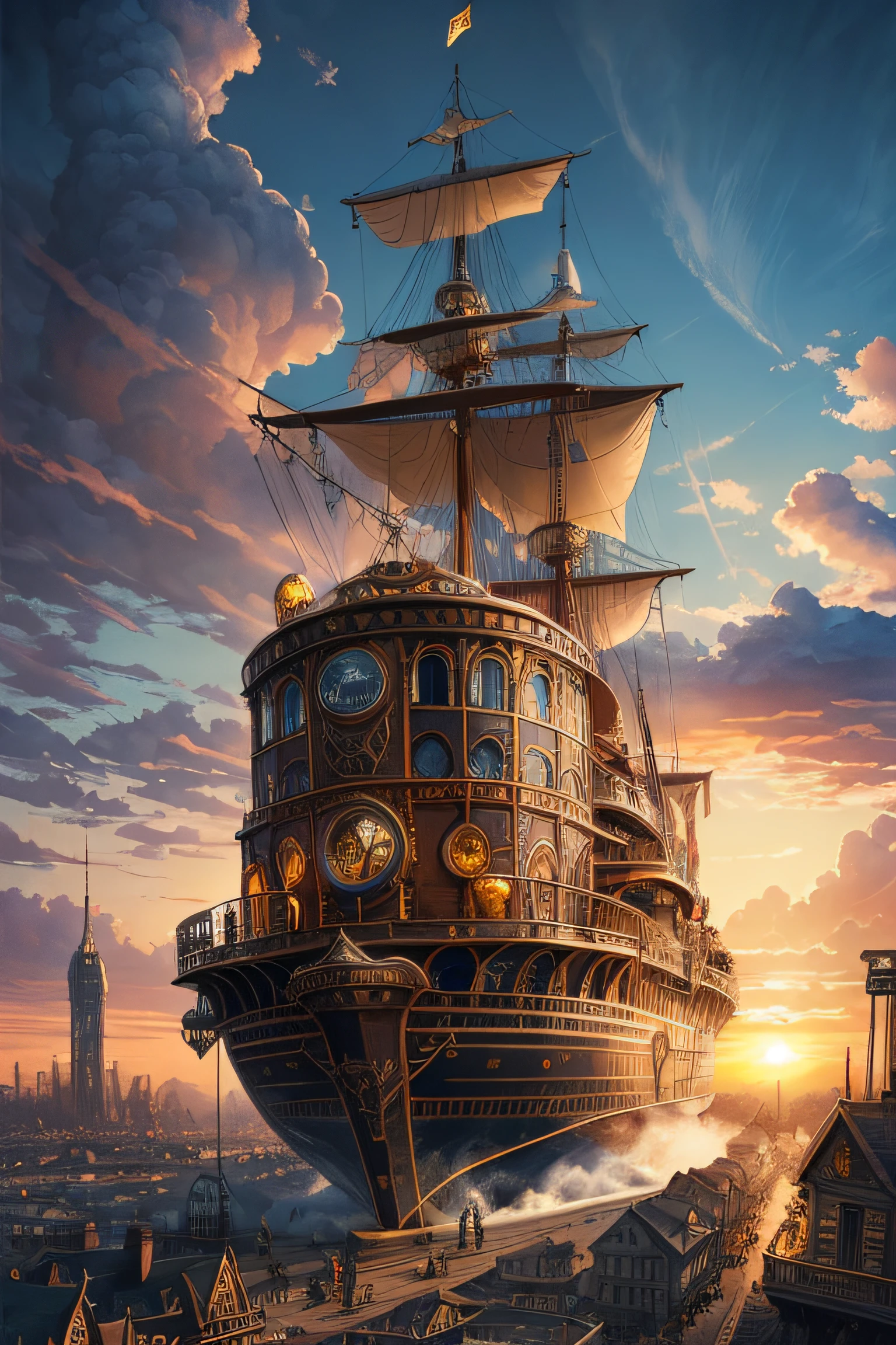 Steampunk city from afar, bronze and gold, watercolor, intricate detail, magical, unusual, beautiful but weird, steampunk airships, sunset