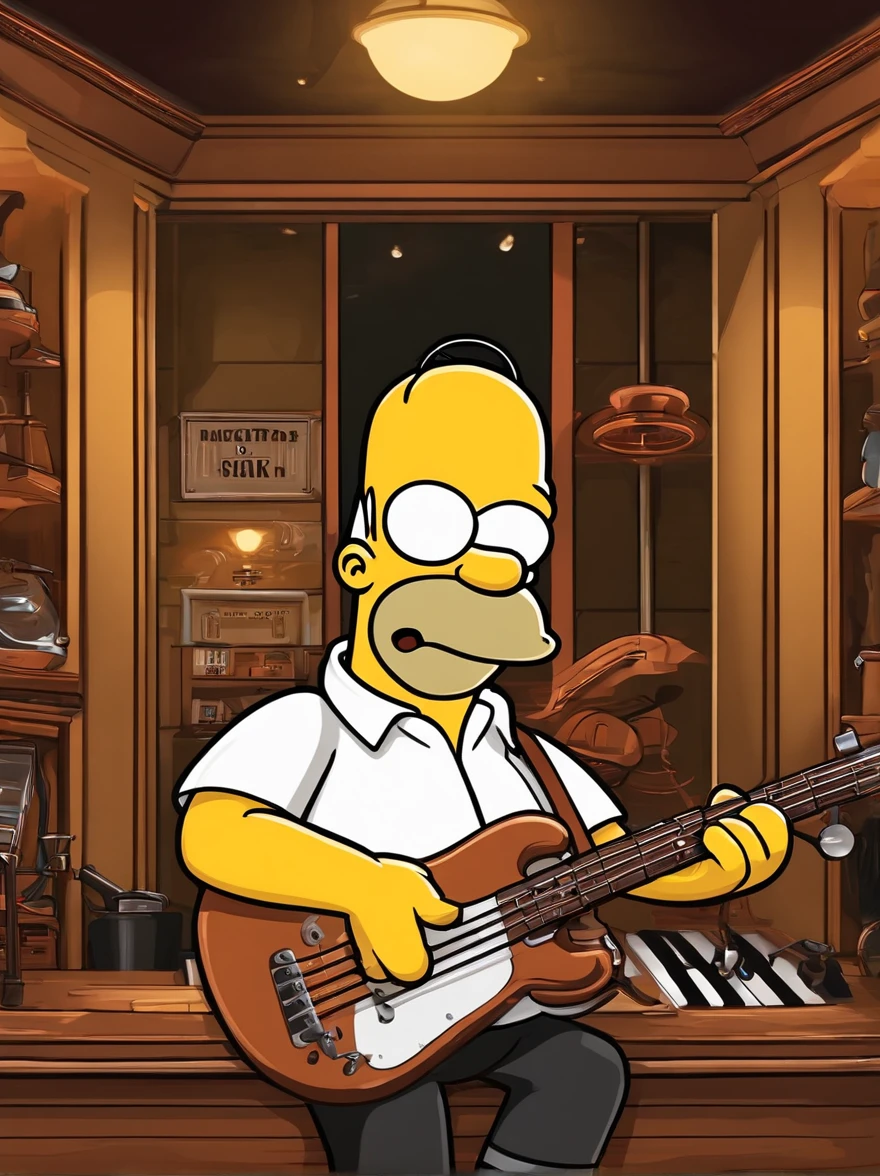 cafe shop，The Simpsons，Homer Simpson plays bass，homer simpson，The Simpsons animation style，dramatic lights，Dramatic action，Wonderful poster composition，Dramatic composition，Dramatic colors，Gorgeous stage，gorgeous lights，ornate backdrop，One guy，Play bass，funk music，