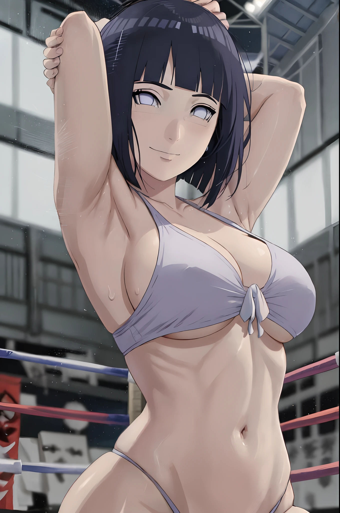poster, anime style, hires ((wrestling ground)), (hinata\(boruto\), (female wrestler), (slender body, sweating), mature woman, milf, (bikini, ultra detailed pro wrestling gear) victorious, gorgeous, winner, kind face, smile, closed mouth, (pale skin, shiny skin, lighting and shadow), (dark blue hair color:1.1), wavy hair, ((short hair, hime cut), big breasts, (only one arm stretching), long belly, closed fists, seductive, (perfect eyes, white sciera, bright eyes, white eyes, anime eyes, eyeshadow, looking at the viewer)