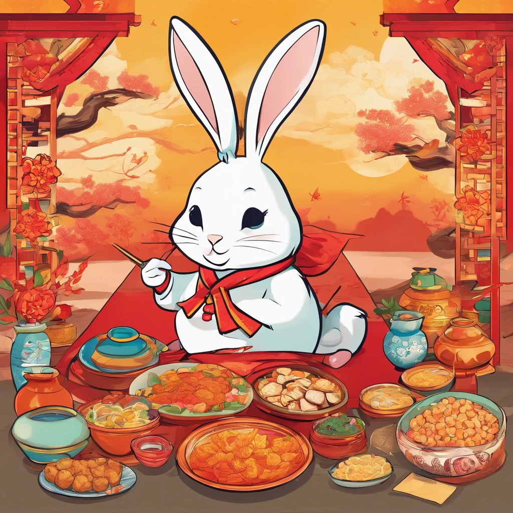 Lunar New Year greeting card,Accompanied by a rabbit and a plate of food, mapo tofu cartoon, hand painted cartoon art style, food advertisement, ancient china art style, Japanese cartoon style, full card design, Rabbit holding kitchenware,