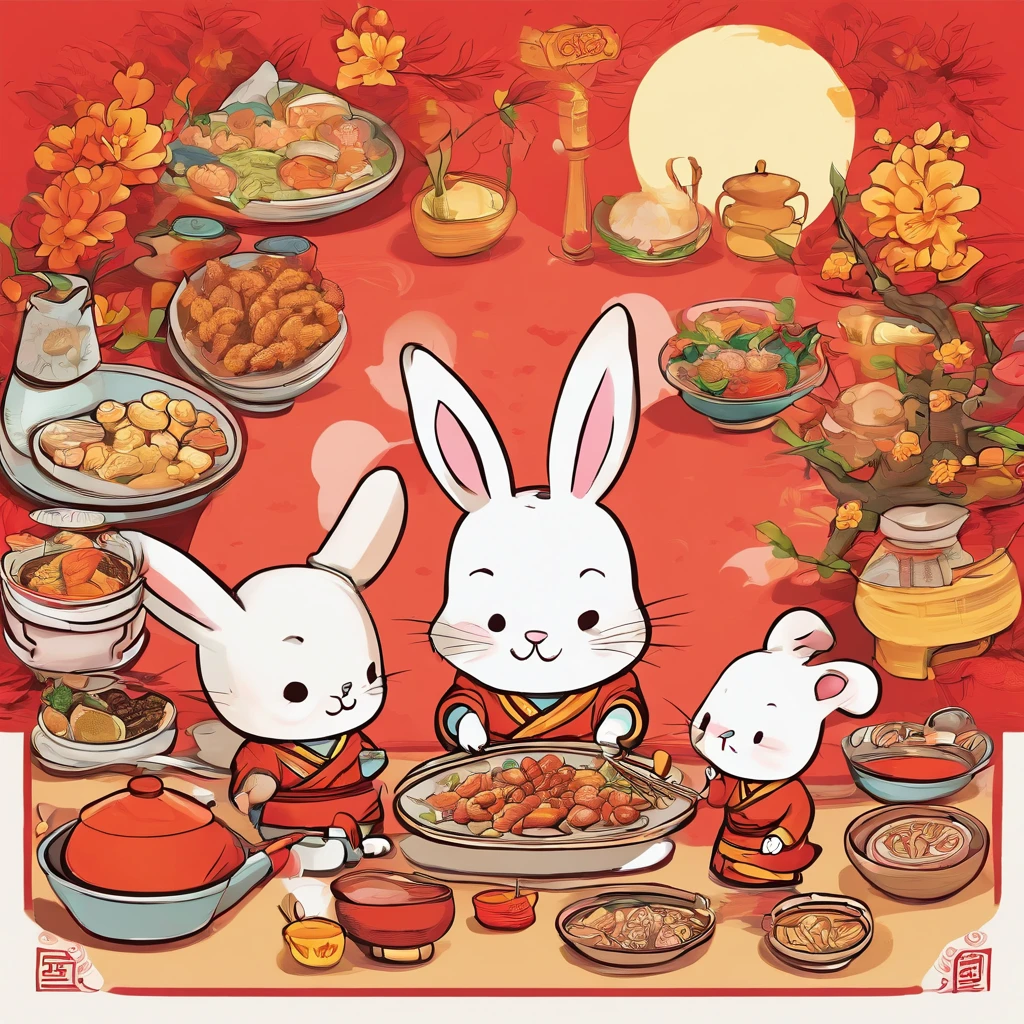 Lunar New Year greeting card,Accompanied by a rabbit and a plate of food, mapo tofu cartoon, hand painted cartoon art style, food advertisement, ancient china art style, Japanese cartoon style, full card design, Rabbit holding kitchenware,