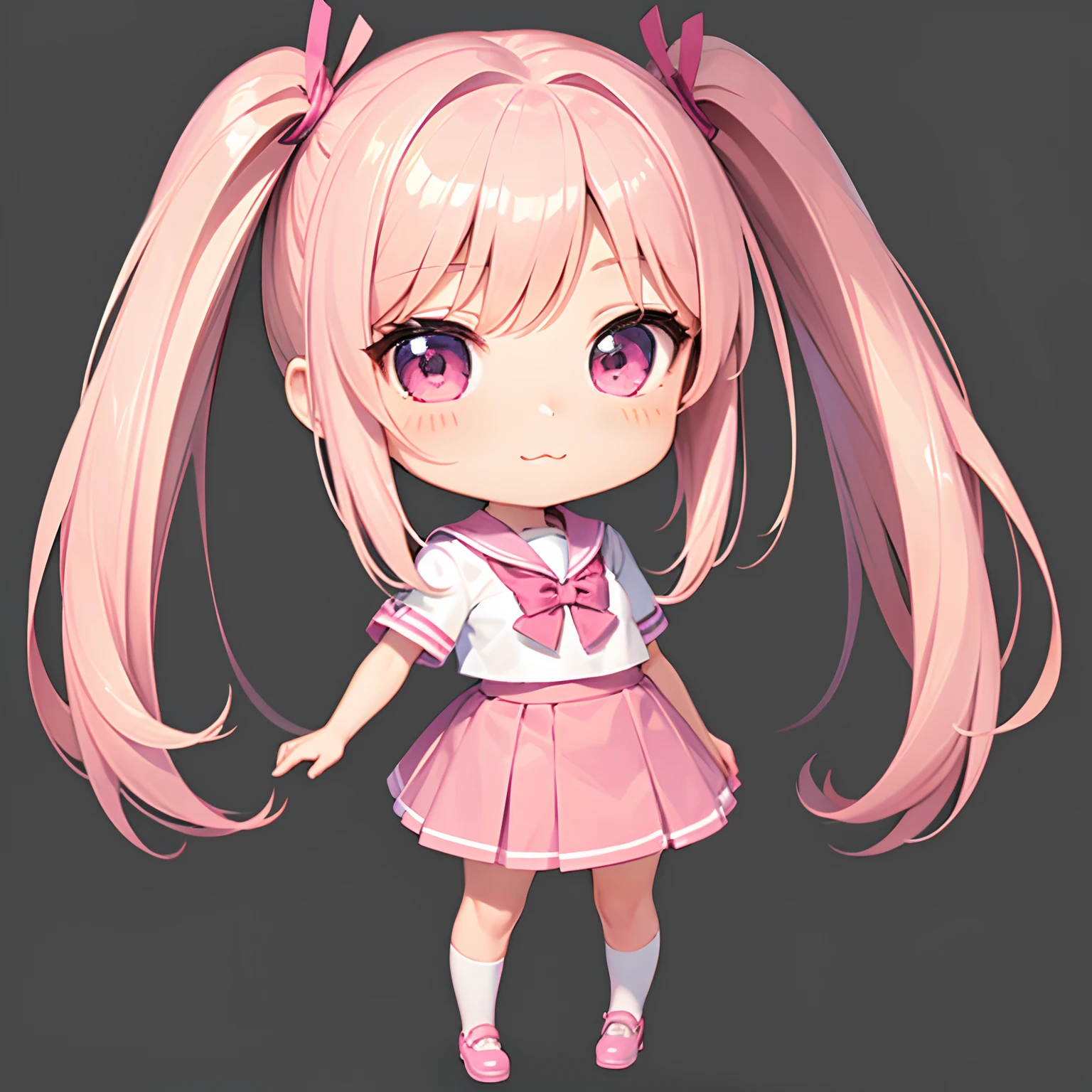 Very cute and (Beautiful Chibi Anime Girl), Solo, Simple background, Beautiful twin tails*Pink* hair,  Beautiful detailed *Pink* High School Uniform, Full body, Standing, high detailed face and *Pink* Eyes, Clearly outlined