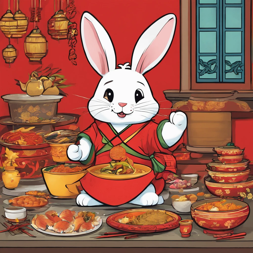 Lunar New Year greeting card,Accompanied by a rabbit and a plate of food, Shredded fish cartoons, hand painted cartoon art style, food advertisement, ancient china art style, Japanese cartoon style, full card design, Rabbit holding kitchenware,The rabbit carries an iron pot on his back